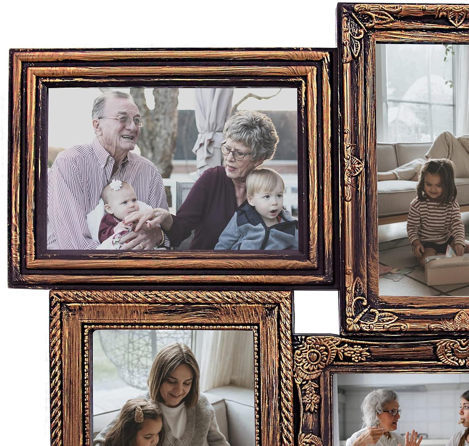 J.M.Deco Picture Frame Sets for Wall, 9 Opening Collage Frame, 6 x 4 With Family Friend's Memory, Rustic Distressed Photo Frame Wall Hanging for 4x6, Gold