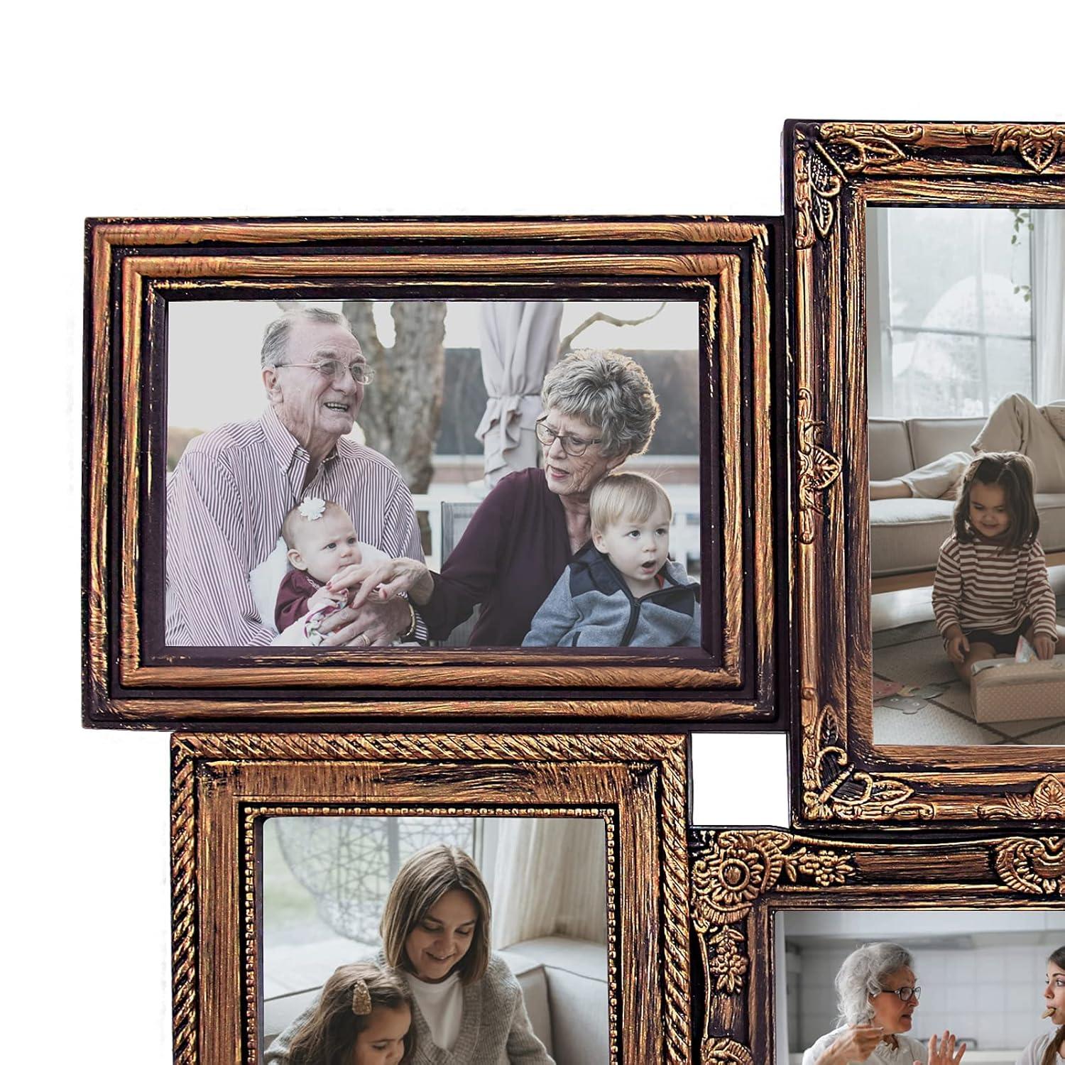 J.M.Deco Picture Frame Sets for Wall, 9 Opening Collage Frame, 6 x 4 With Family Friend's Memory, Rustic Distressed Photo Frame Wall Hanging for 4x6, Gold