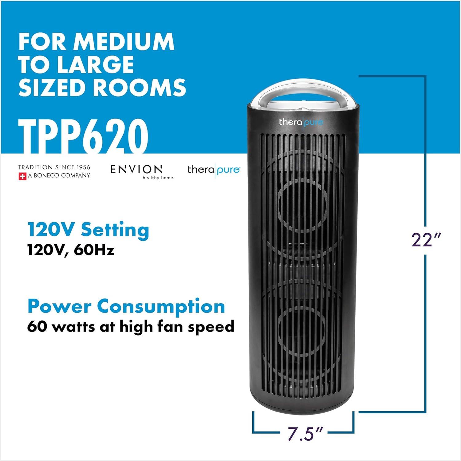 ENVION Therapure TPP620 Tower 4 Stage Air Purifier with 3 Fan Speeds, Black