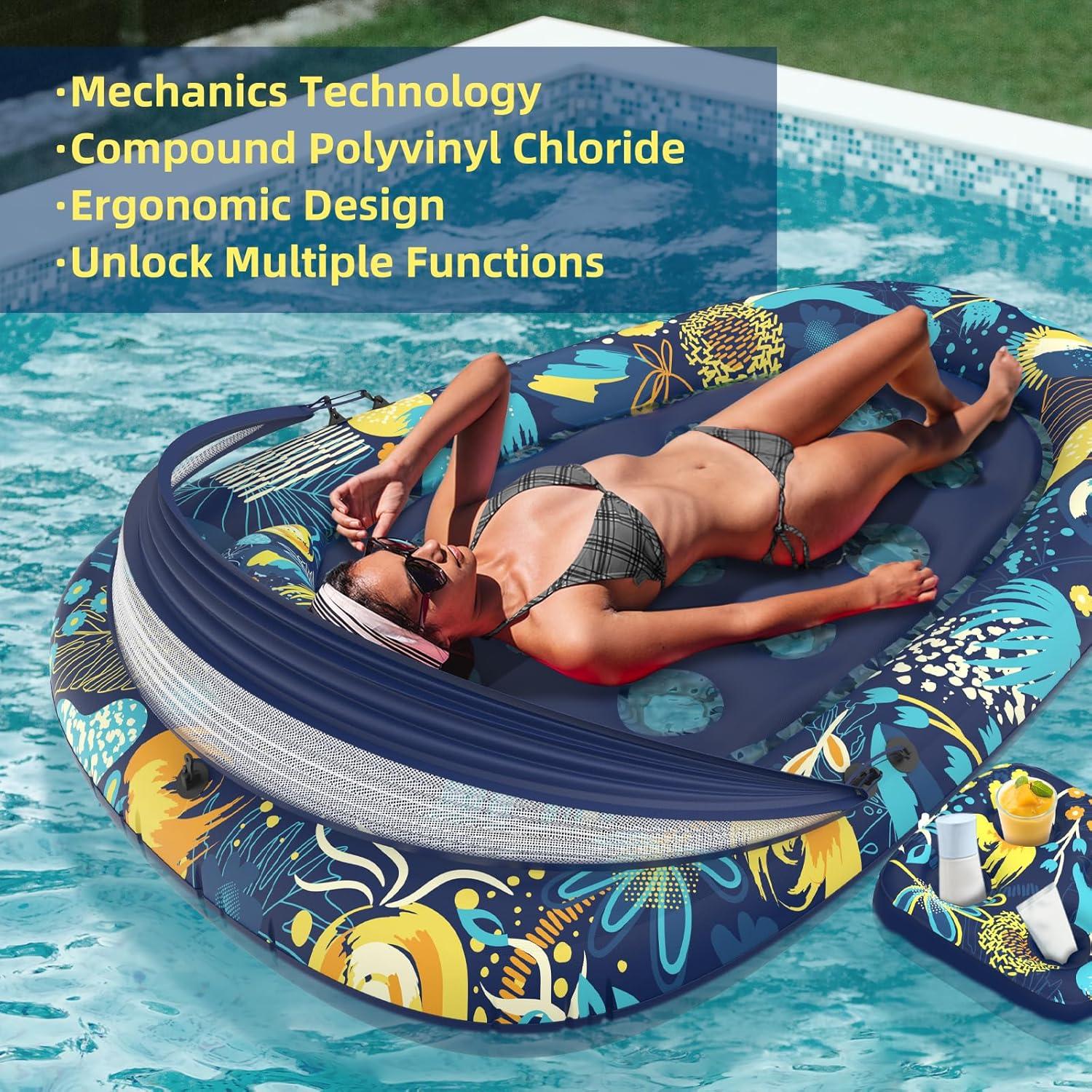 3-in-1 Pool Floats with Canopy Cup Holder, XL Large 73" x 48" Inflatable Pool Floats for Adults Lounger Raft Floating Chair for Swimming Pool Lake Water Lounge Float Beach Pool Party Toys