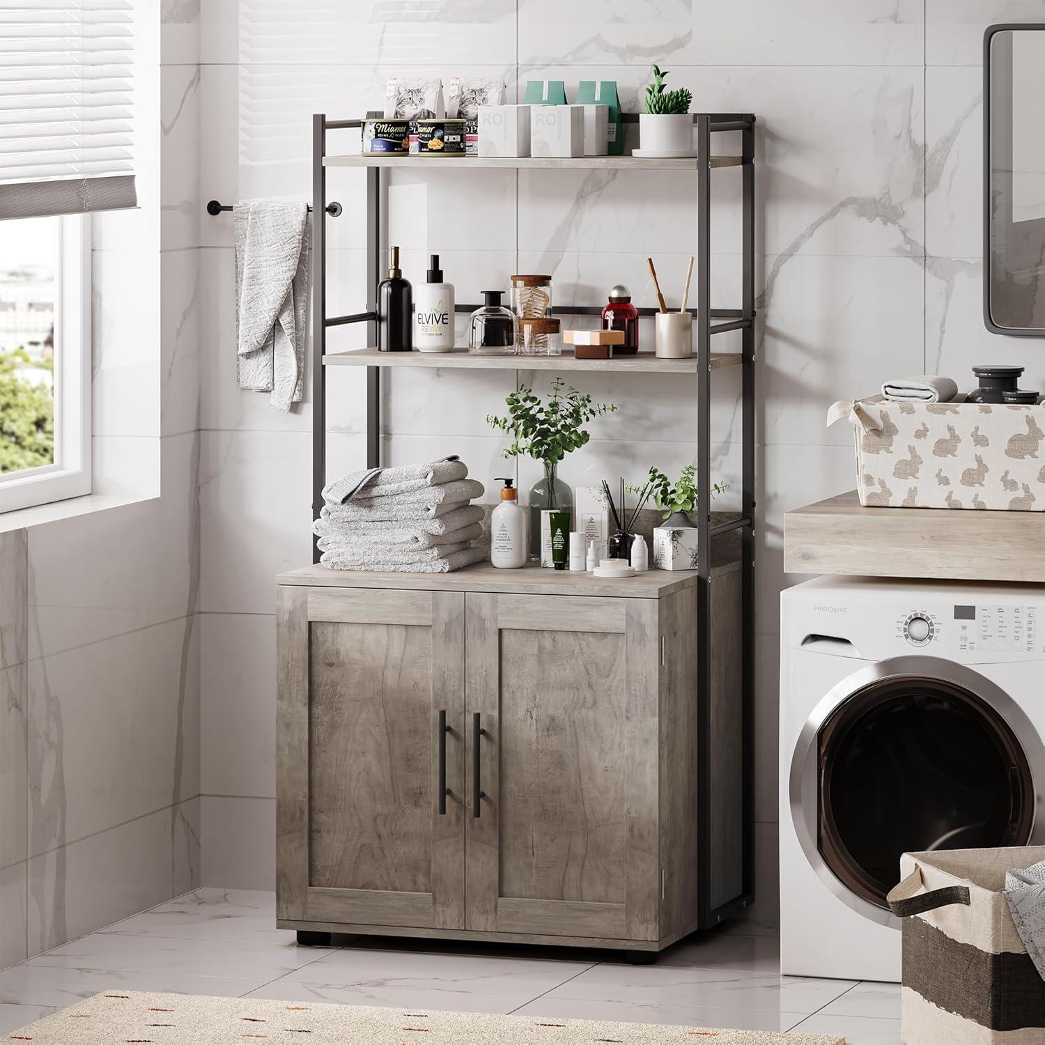 Garvee Cat Litter Box Enclosure with Shelf Storage, 2-in-1 Hidden Cat Washroom Furniture, Hidden Cat Box Enclosure with 3 Shelves and Door, Grey