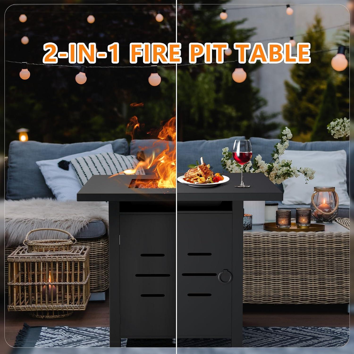 28" Propane Fire Pit Table, 2-in-1 Square 50,000 BTU Propane Gas Fire Pit Table with Lid and Lava Rock,for Outside Patio Yard Party Garden and Lawn