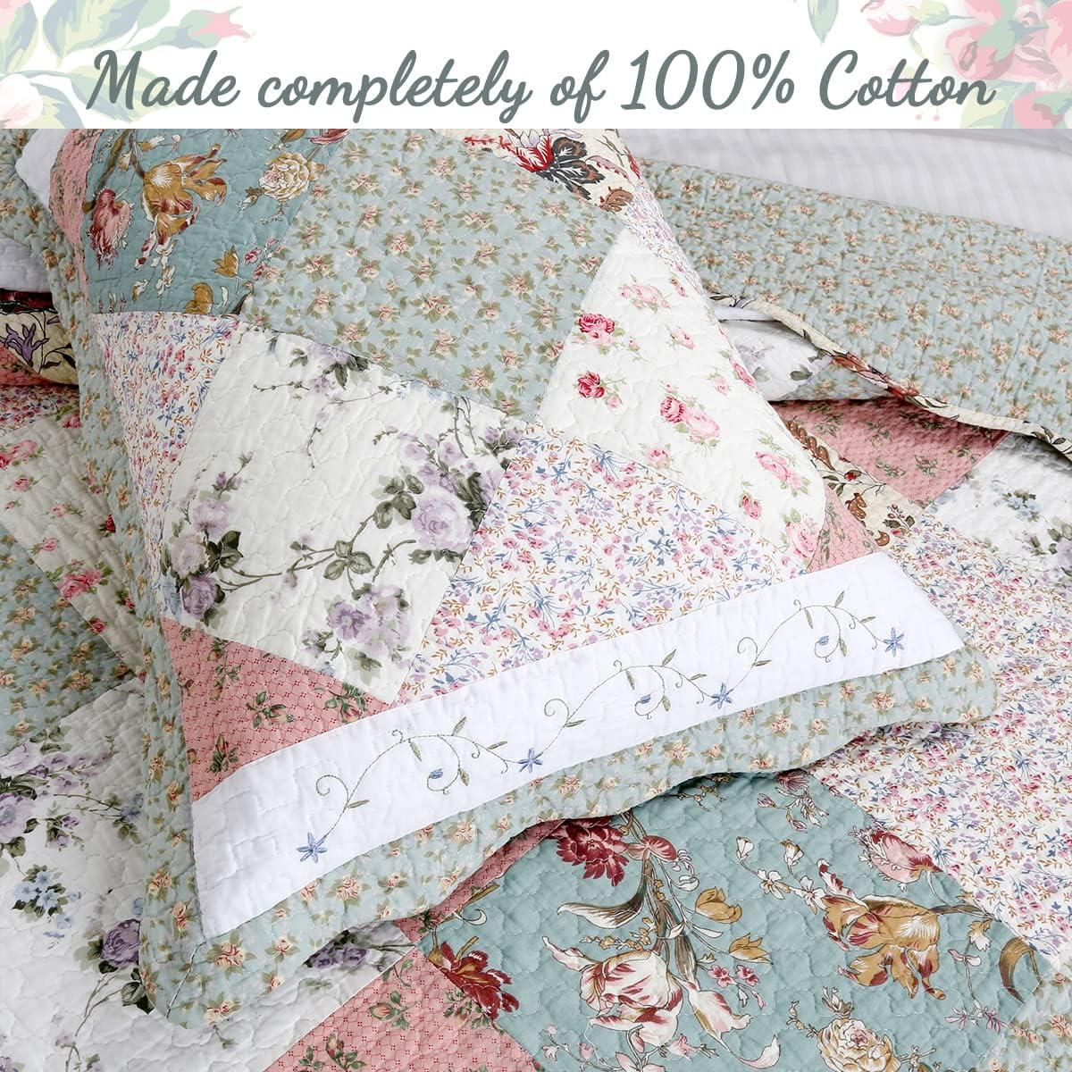 Cozy Line Country Cottage Floral Blue Pink Scalloped Edge Real Patchwork 100% Cotton 3-Piece Reversible Quilt Set, Queen