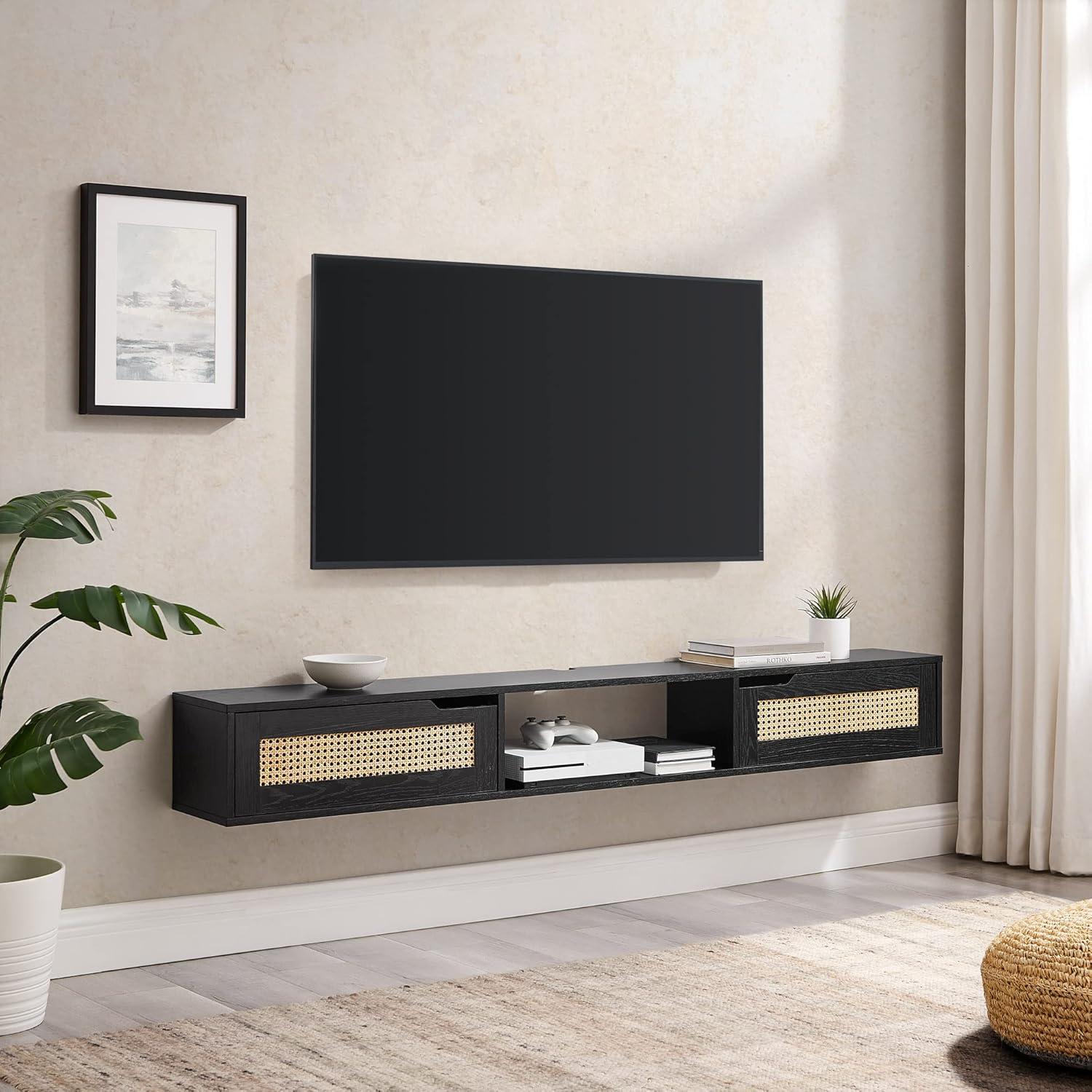 Walker Edison Modern Rattan-Door Floating TV stand for TVs up to 80”, Black