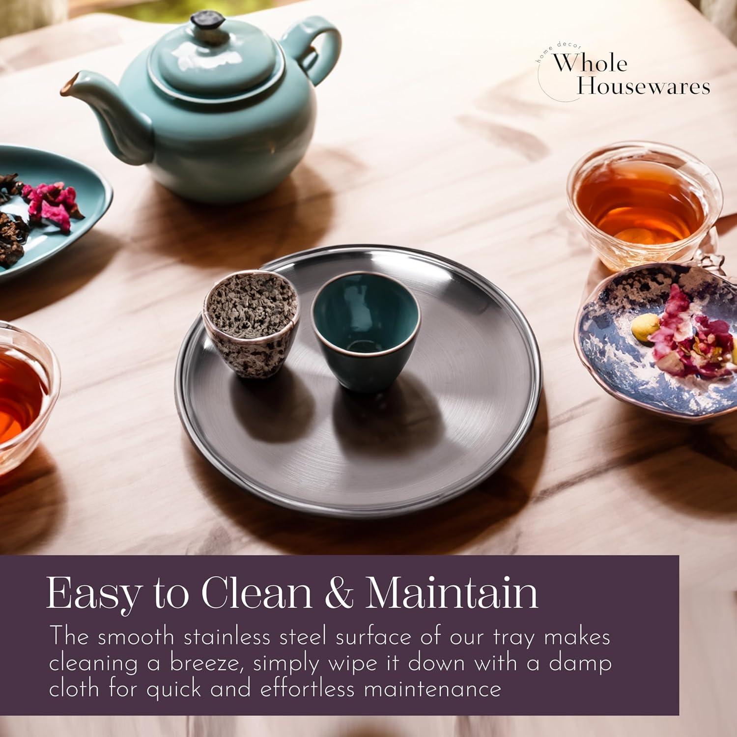 WHOLE HOUSEWARES Metal Serving Tray - Round Silver Serving Tray - Circular Metal Platter - Cocktail Serving Bar Tray - Chrome-Plated Steel Tray for Coffee Table - 13.3 x 0.4 inches