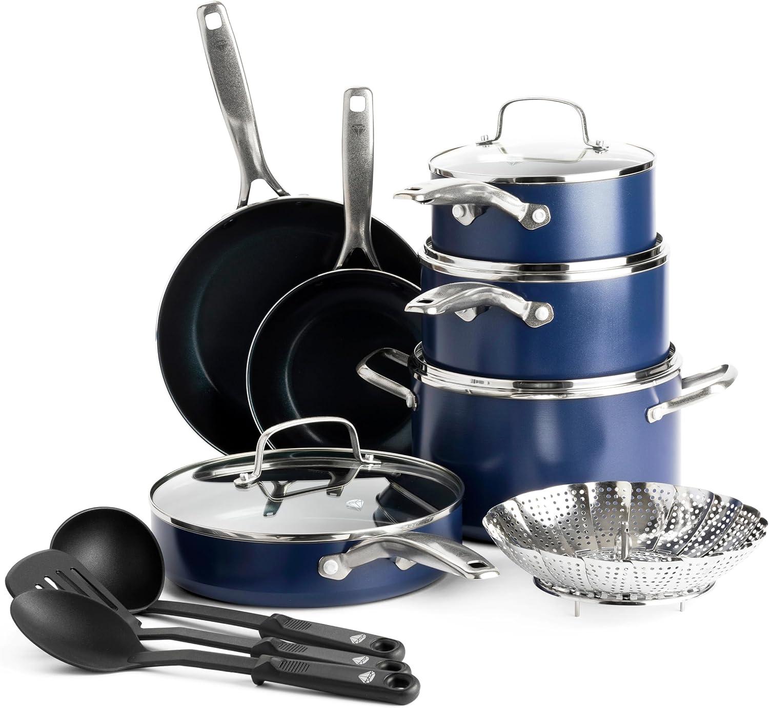 14 Piece Blue Cookware Set - Diamond-Infused Nonstick, Oven Safe, Durable & Toxin-Free