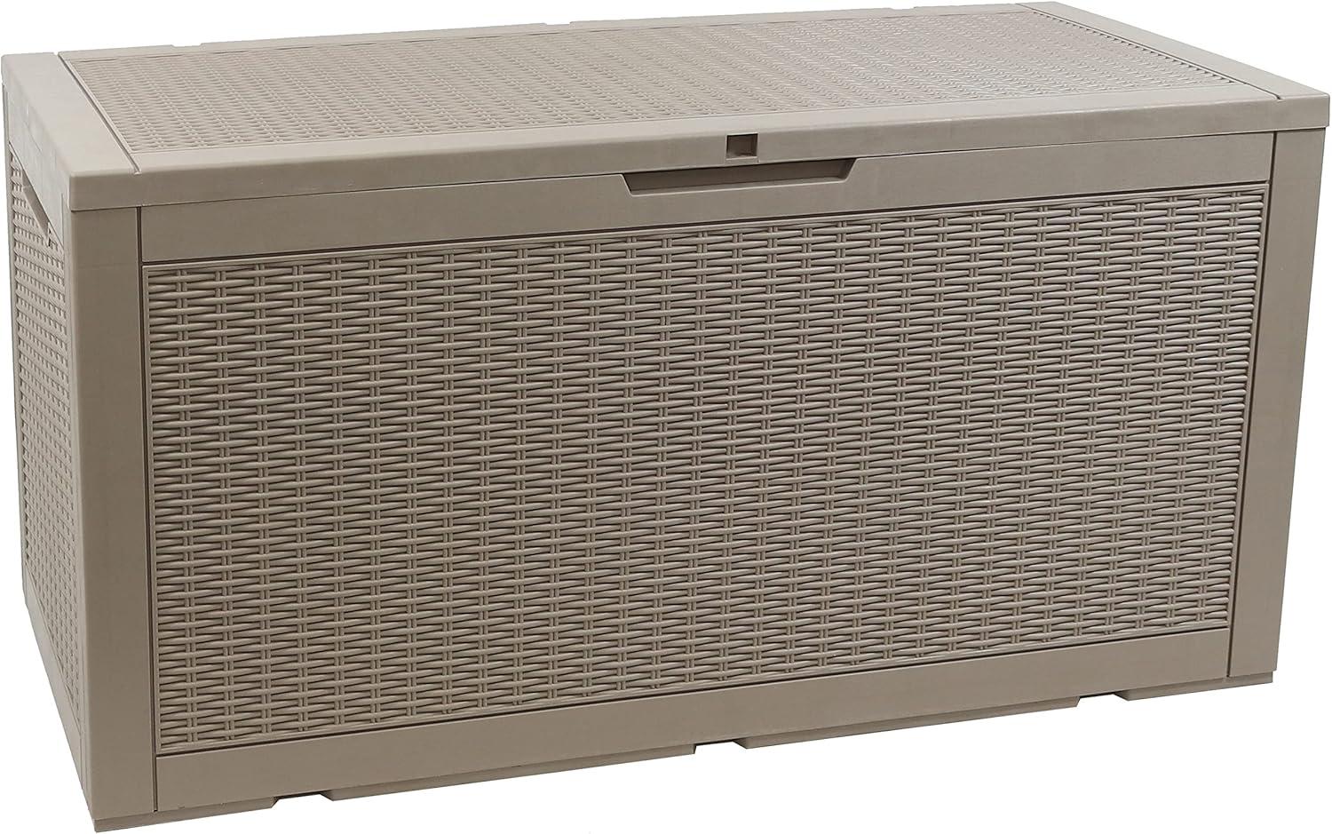 Sunnydaze Outdoor Deck and Patio Storage Box with Rattan Design - 100 Gal. - Driftwood