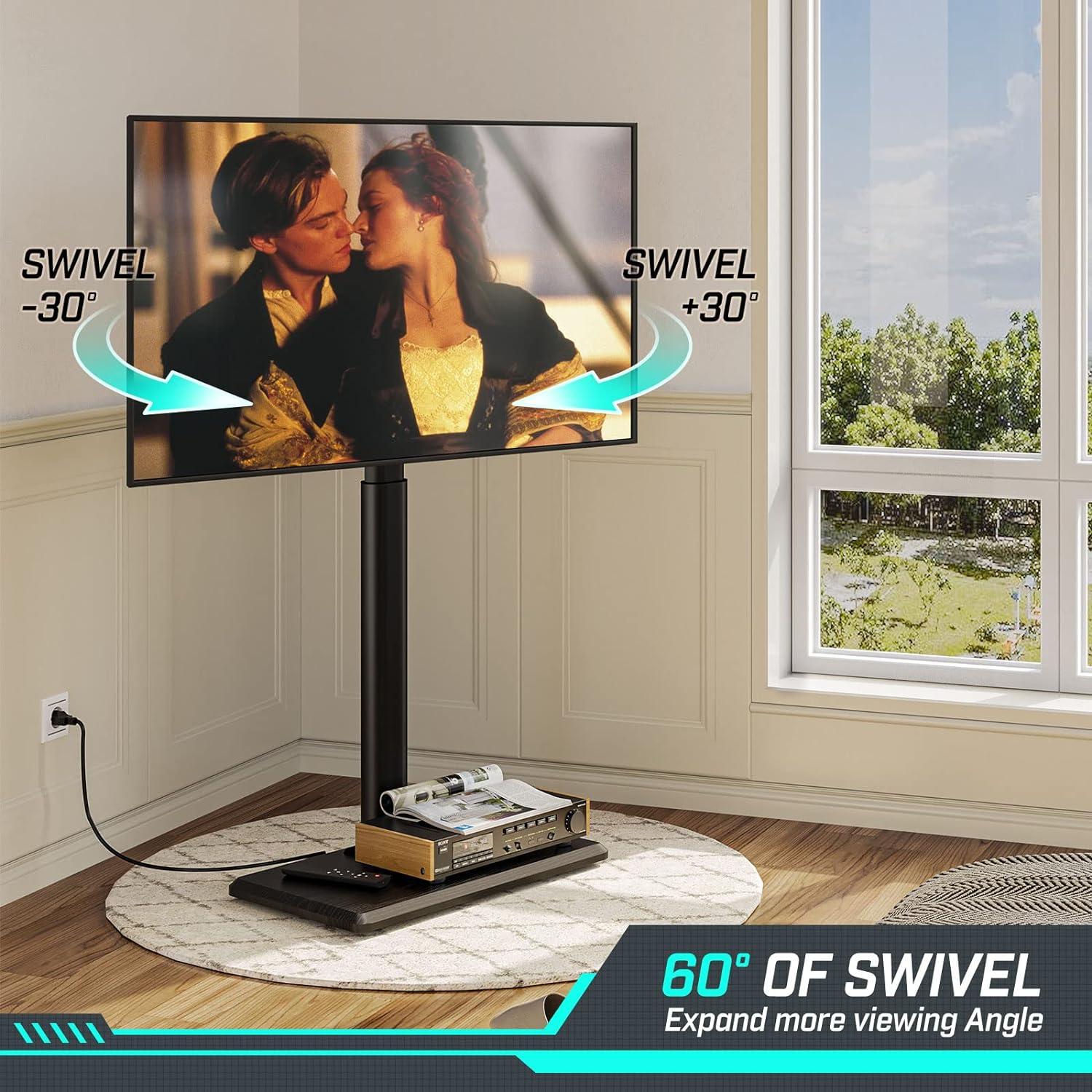 Black Adjustable Swivel TV Stand with Wood Base and Power Outlet