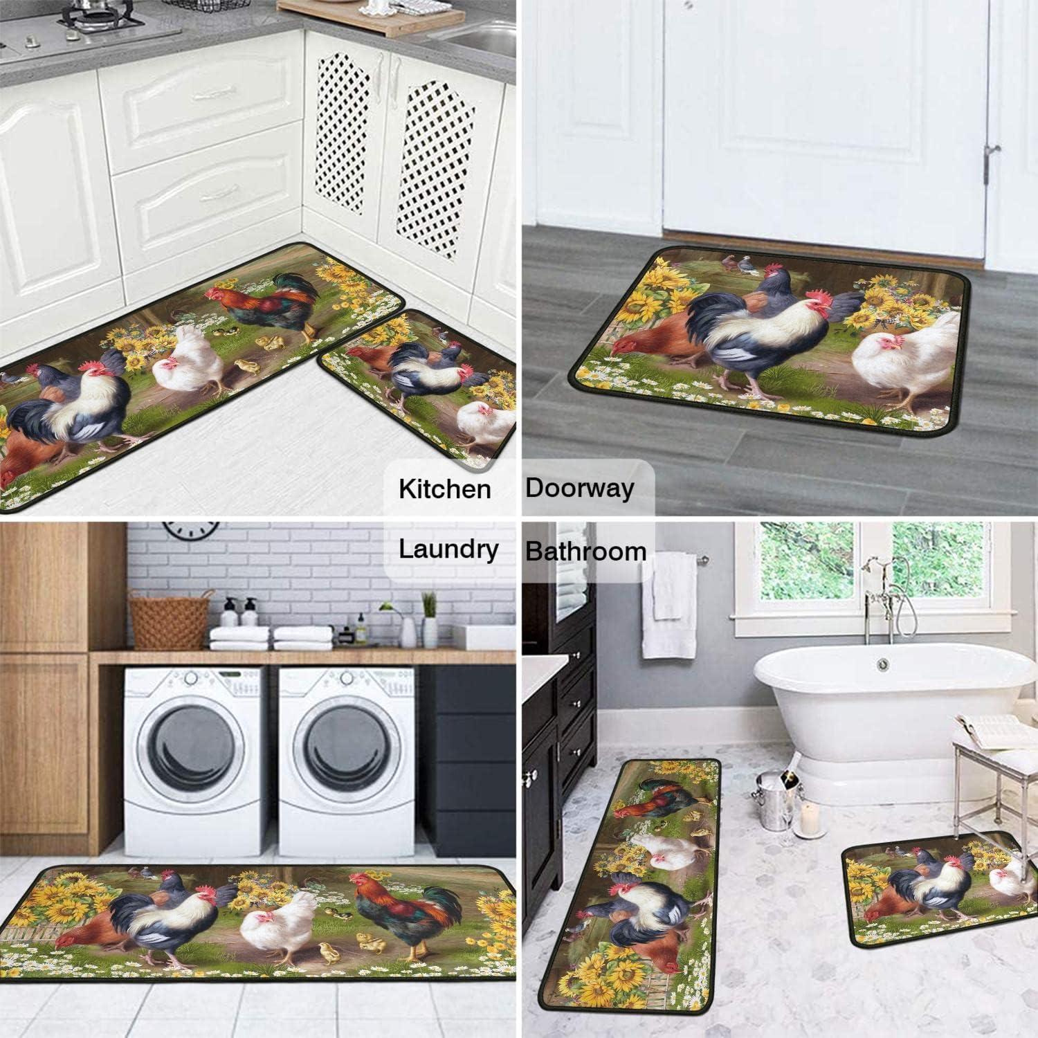 Farmhouse Rooster and Sunflower Washable Runner Rug Set
