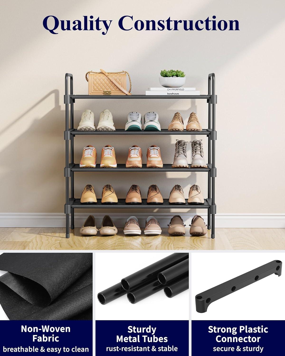 Kitsure 4-Tier Shoe Rack - Metal Shoe Organizer and Shoe Shelf with Handle, Easy-Assembly, Sturdy Shoe Rack for Closet, Entryway, Bedroom (Black, 26.6'' x 11.4'' x 29.5'')