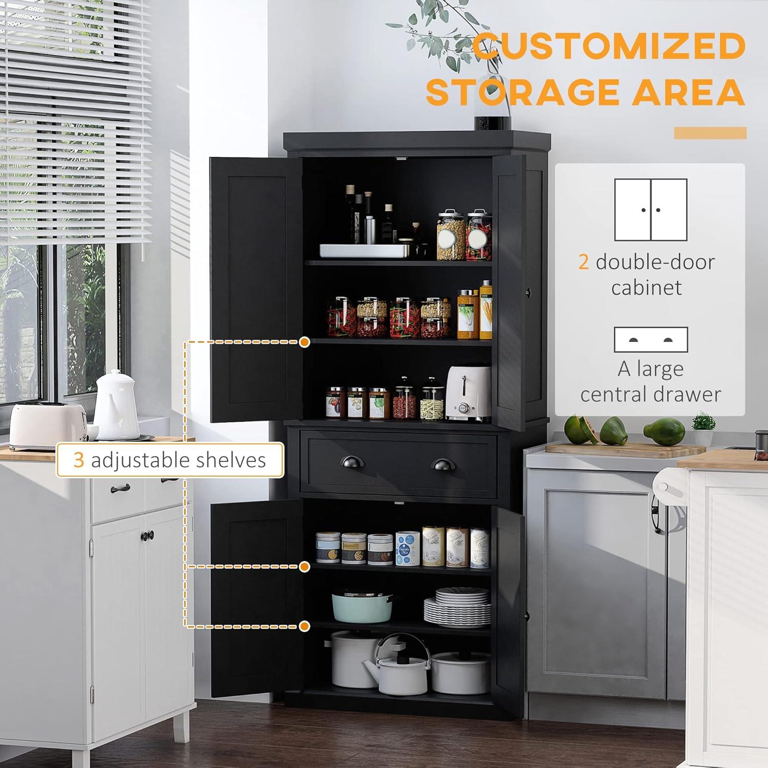 HOMCOM 72.5" Kitchen Pantry Cabinet, Traditional Freestanding Storage Cabinet with 4 Doors, Drawer and 3 Adjustable Shelves for Dining Room, Black