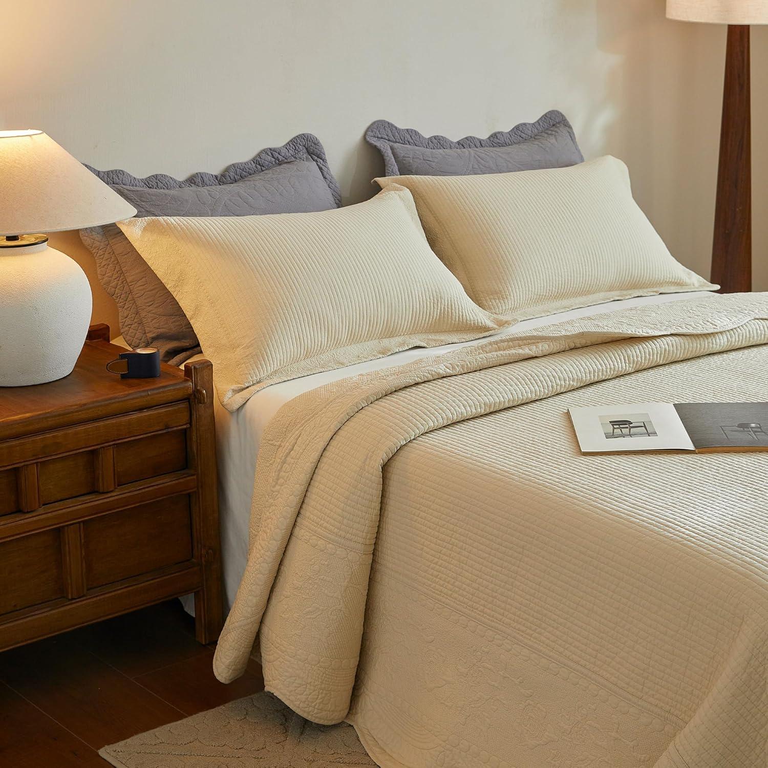 Marcielo 3-Pcs 100% Cotton Oversized Quilt Bedspread Set TG Khaki Beige Queen