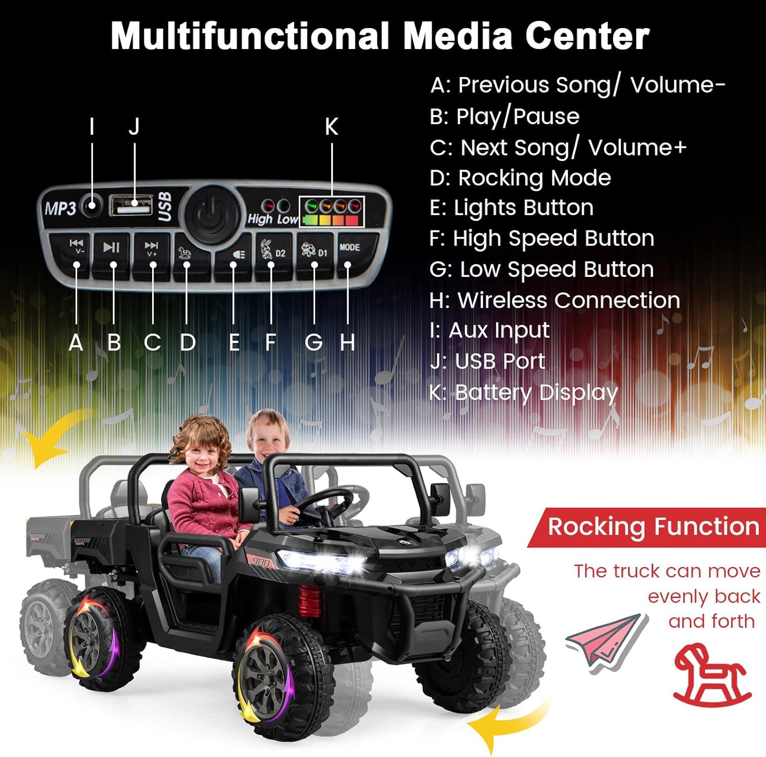 JOYRACER 24V 2 Seater Ride On Dump Truck with Remote Control , Electric UTV Car with Electric Dump Bed, 4WD Power Ride Cars W/6 Wheels Ride On Toys with Shovel Music Player
