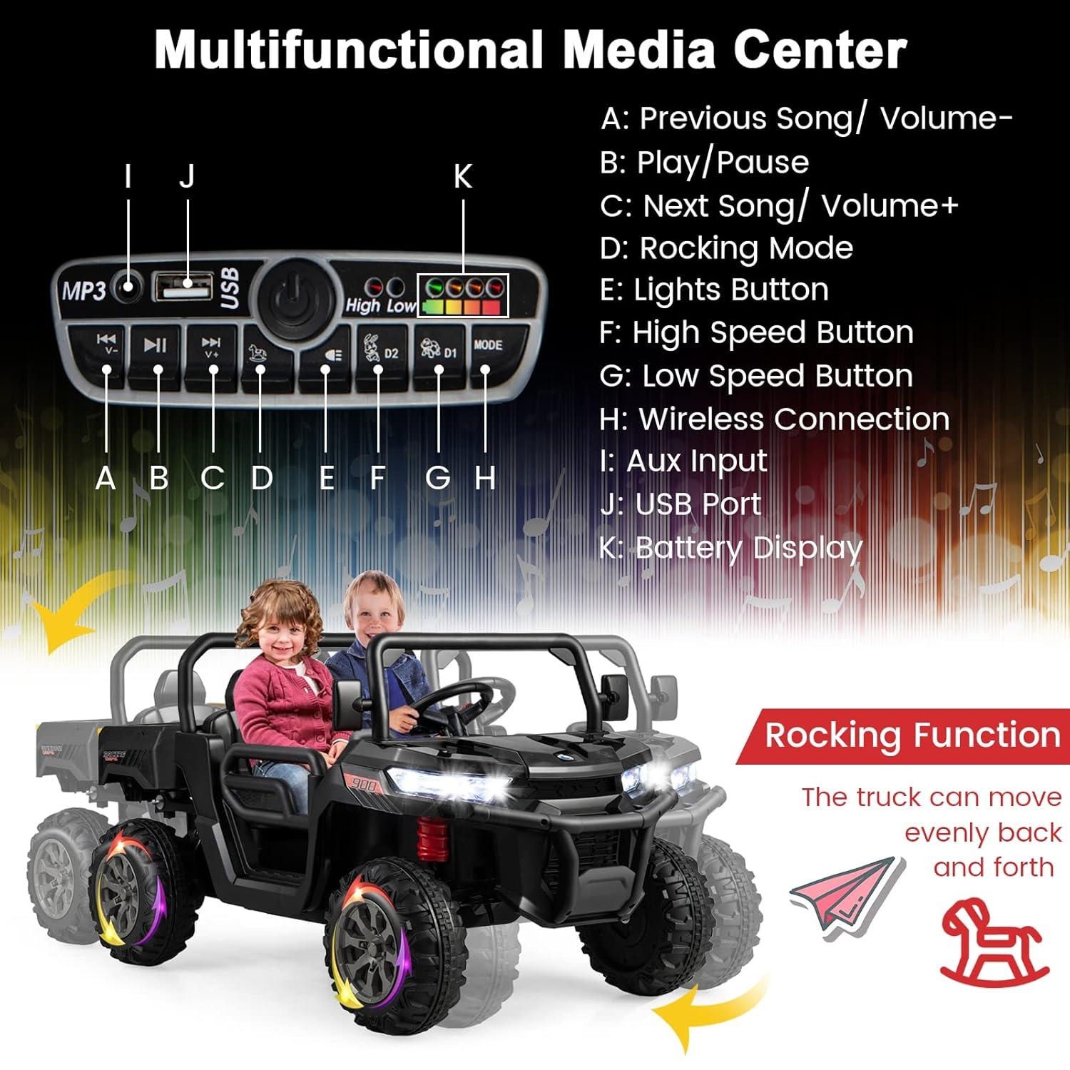 JOYRACER 24V 2 Seater Ride On Dump Truck with Remote Control , Electric UTV Car with Electric Dump Bed, 4WD Power Ride Cars W/6 Wheels Ride On Toys with Shovel Music Player