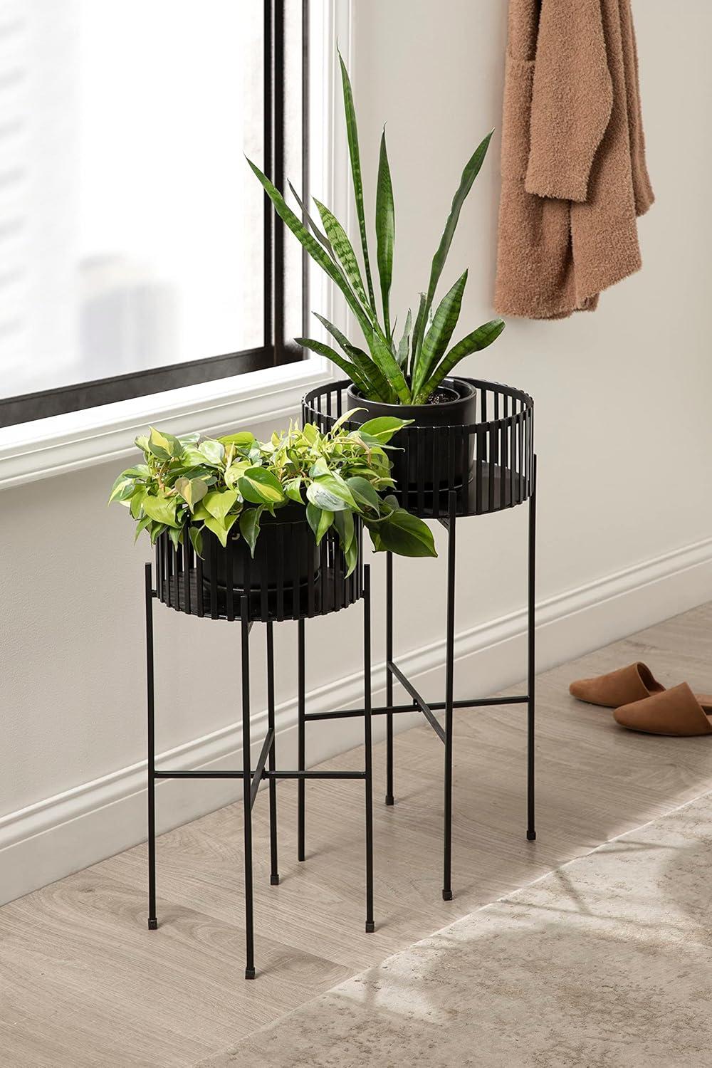 Black Metal Two-Piece Modern Plant Stand Set