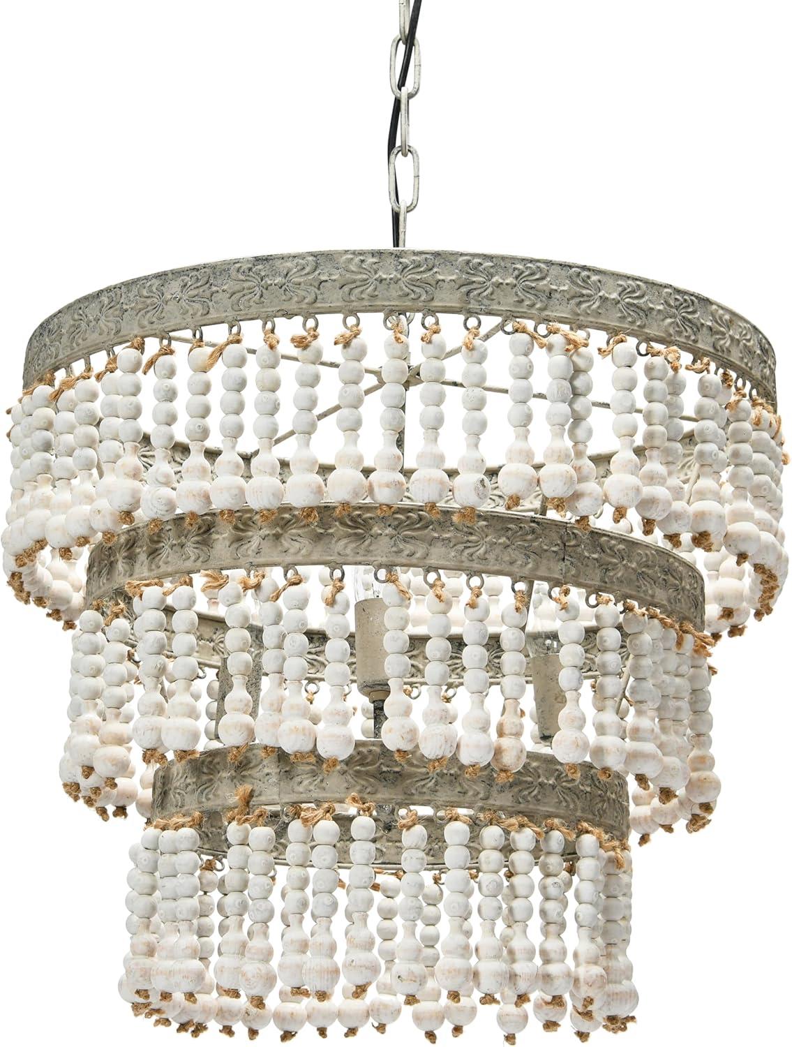 3-Tier Round Metal Chandelier with 3 Lights and Hanging Wood Beads Cream - Storied Home: Antique Bohemian Ceiling Fixture, UL Listed