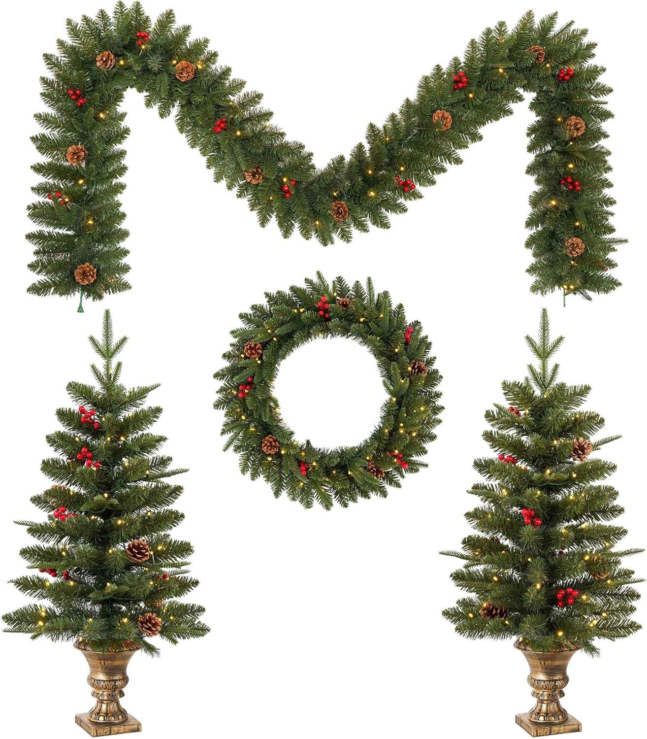 Huloretions 4Pcs Lighted Pre Lit Christmas Tree Wreath Garland Set,Christmas Tree Wreath Garland Set With Lighted,Xmas Porch Decoration,Artificial Christmas Tree Celebrating Set For Door Fireplace Sta