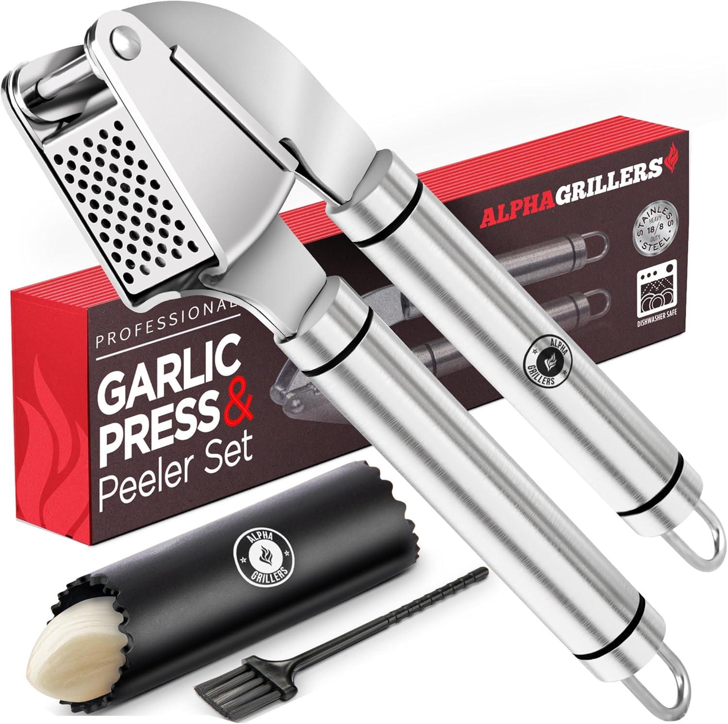 Alpha Grillers Stainless Steel Garlic Press and Peeler Set