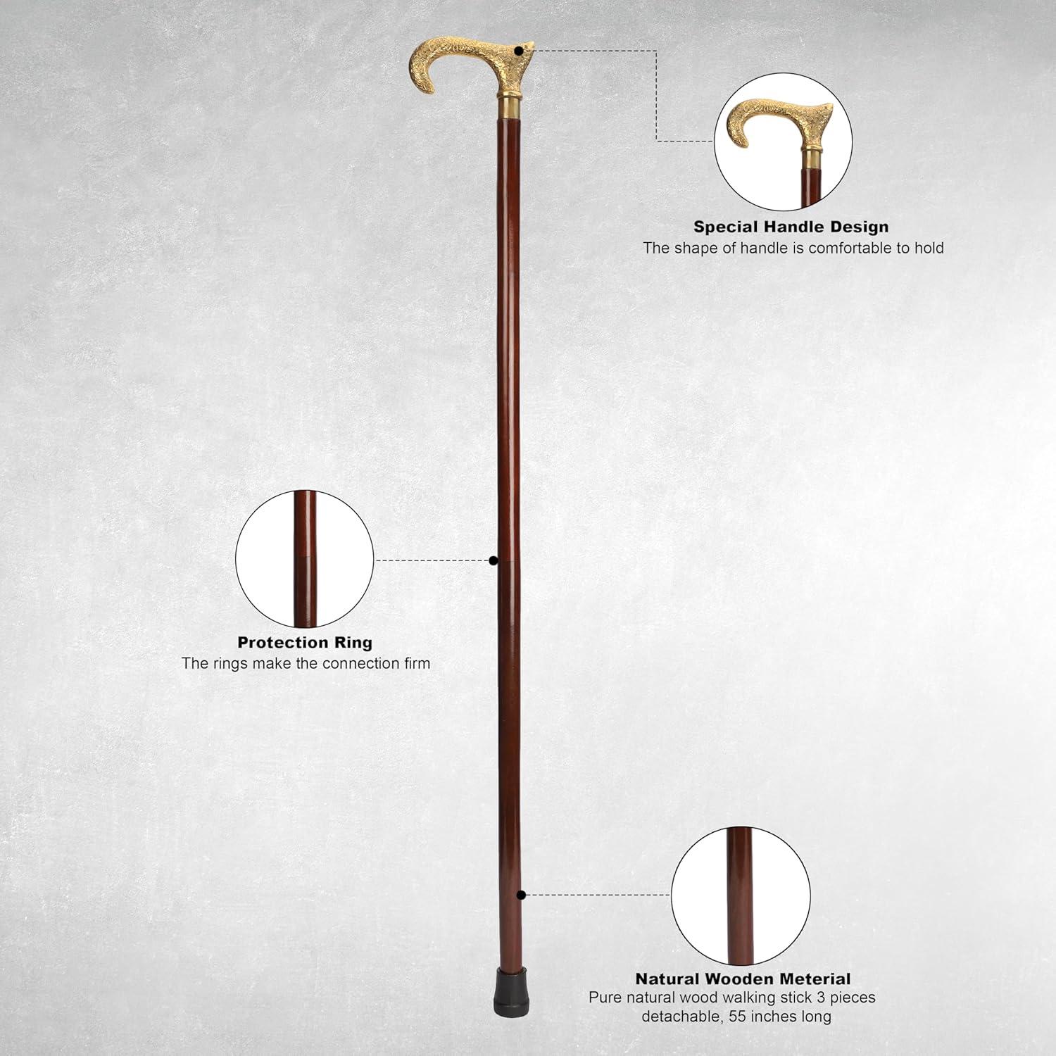 Ajuny Walking Sticks for Men Women Seniors Durable Folding Wooden Canes T Shape with Decorative Brass Handle Golden Finish Wood Cane 36 inch