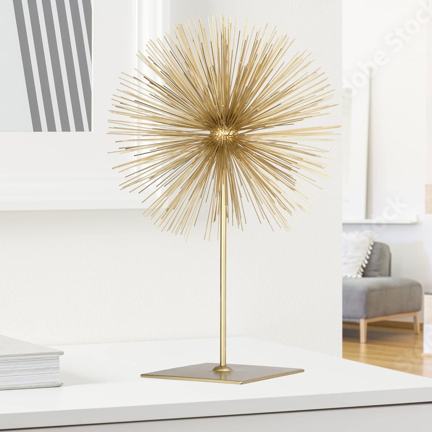 Gold Metal Starburst Sculpture on Stand, 18" Tall