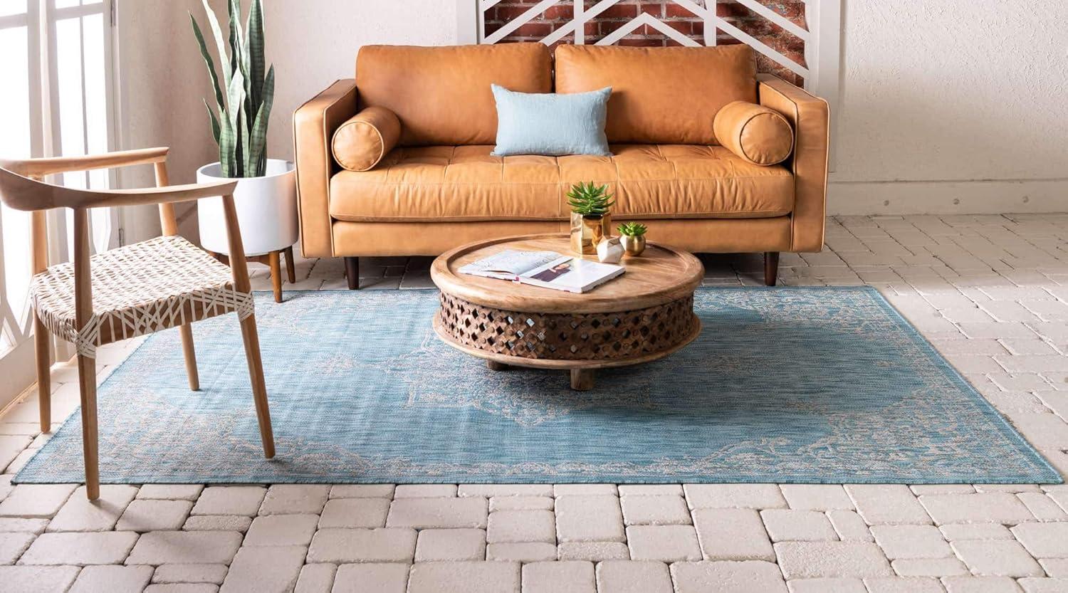 Unique Loom 7' 0 x 10' 0 Rectangle Indoor/Outdoor Traditional Light Aqua Area Rug