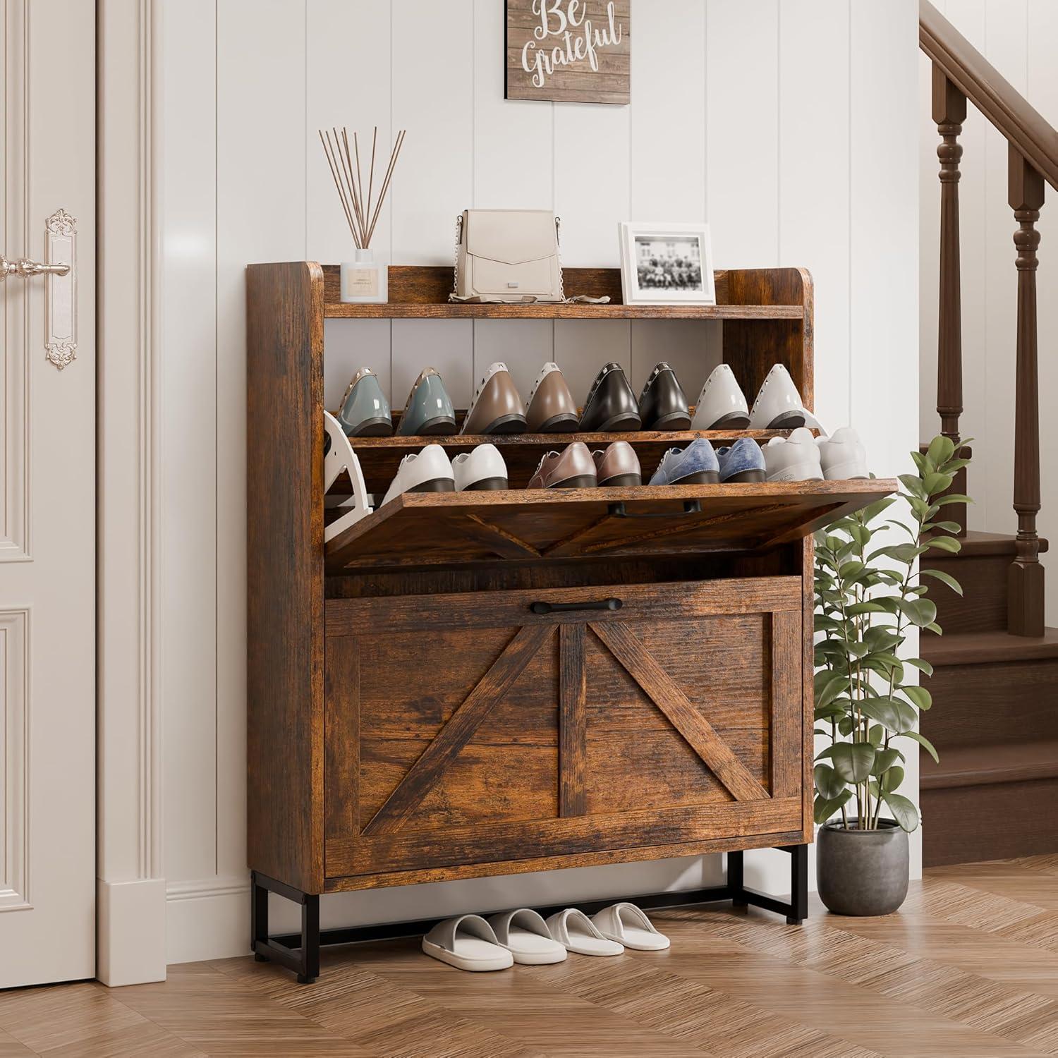 Clearance! BTMWAY Shoe Cabinet with 2 Flip Drawers, Narrow Shoe Storage Cabinet for Entryway, Freestanding Shoe Organizer with Metal Legs, Rustic Brown