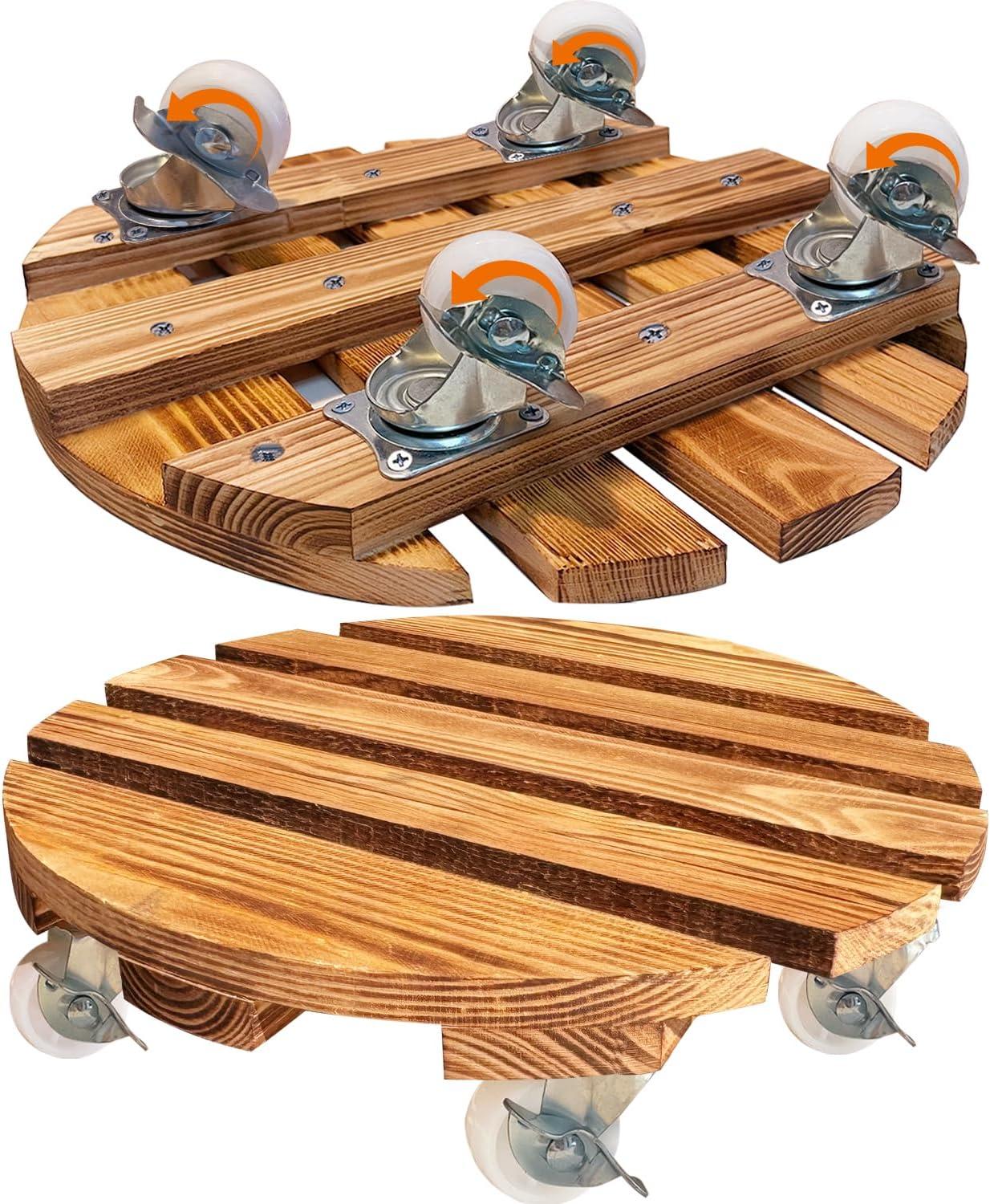 BUSATIA 2pack 12" Plant Caddy Plant Stand with Wheels,Rolling Plant Stand Heavy Duty Wooden Round Plant Dolly Rollers with 360°Metal Lockable Casters Indoor Outdoor Pot Plant Roller Base Caddies