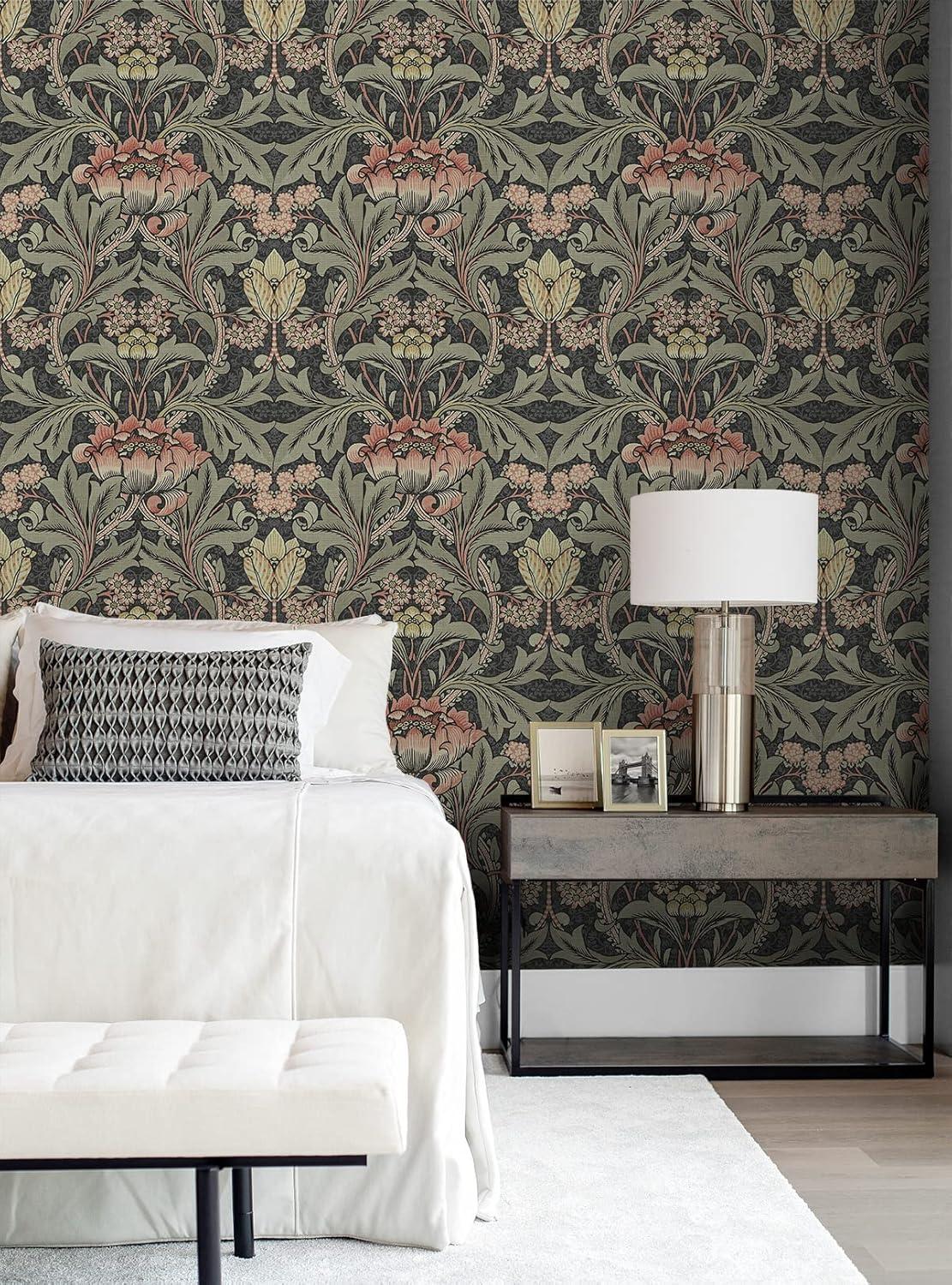 Seabrook Designs  Acanthus Floral Prepasted Wallpaper 20.5 in. W x 33 ft. L - Denim & Sage