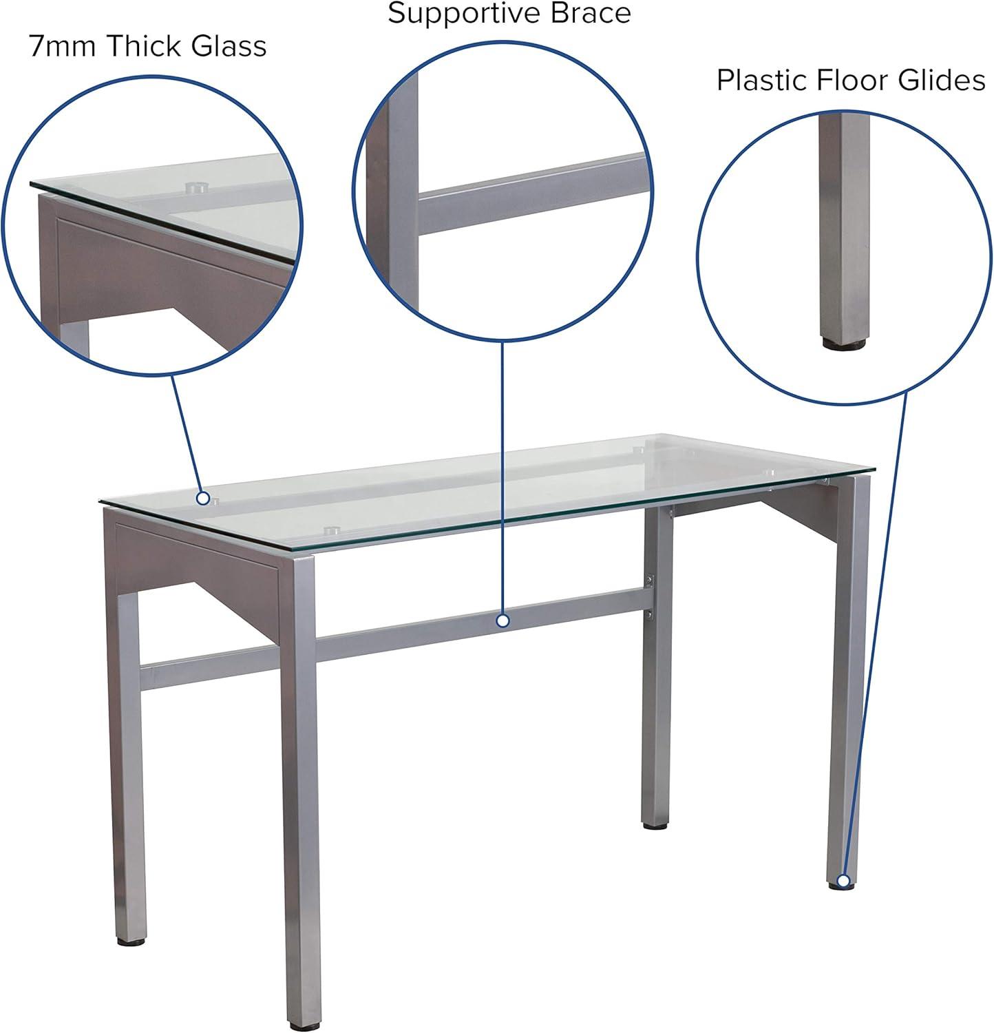 Sleek Gray Tempered Glass Desk with Geometric Drawer