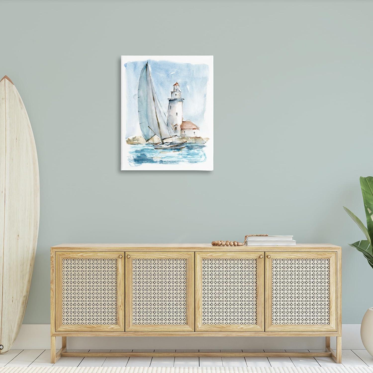 Stupell Industries Au-416-Canvas " Nautical Sailboat & Lighthouse " by Ethan Harper Painting Print