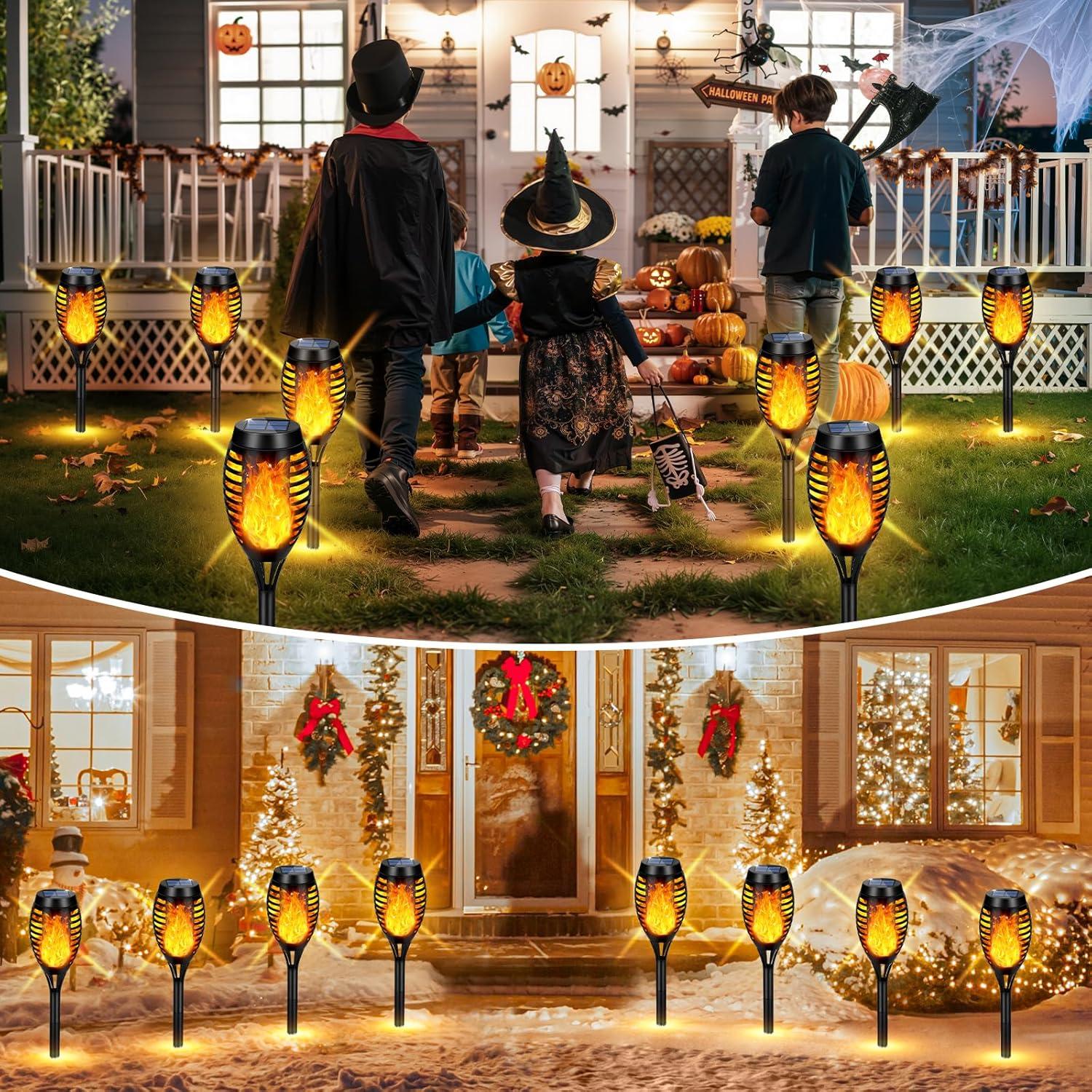 Black Solar LED Tiki Torches with Flickering Flame, 4-Pack