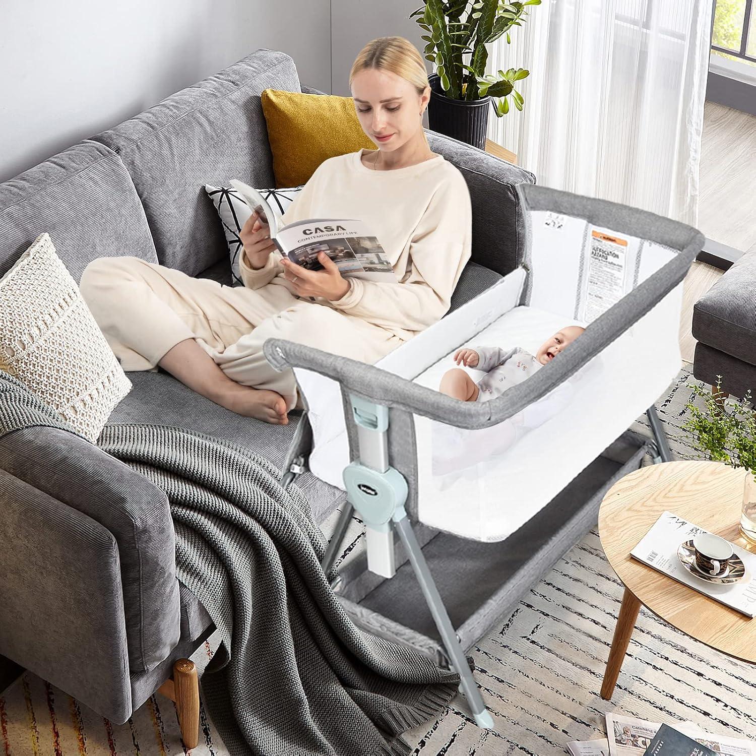 OLAKIDS Baby Bassinet Bedside Crib, Newborn Sleeper w/Large Storage Basket, Adjustable Heights & Angle, Detachable Mattress, Breathable Mesh, Easy Moving Bed Side, Dark Grey