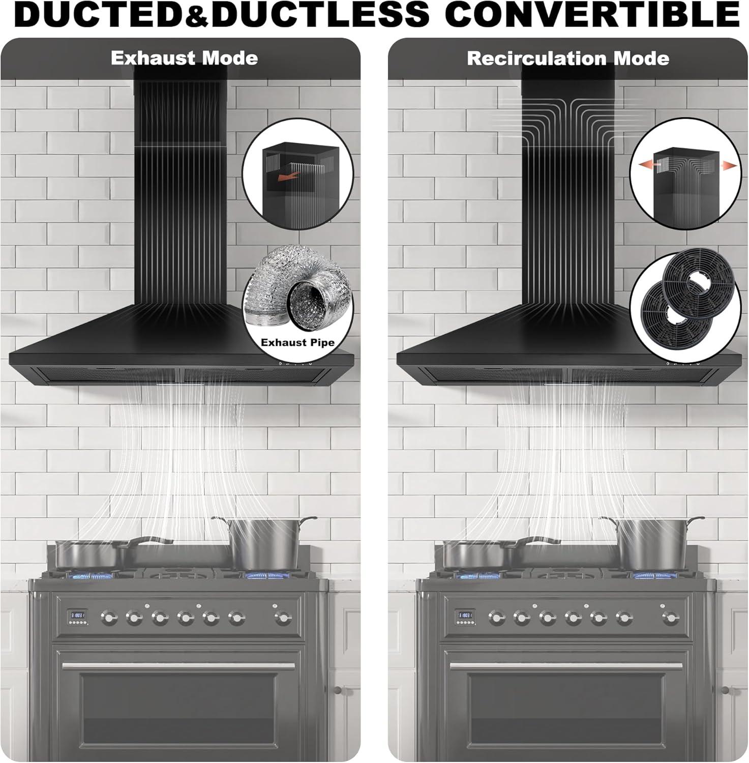30 Inch Black Range Hood with Charcoal Filters, 450 CFM Stainless Steel Wall Mount Kitchen Hood, Button Control Over Stove Vent Hood with 3 Speed Noiseless Fan, LED Light (450CFM)