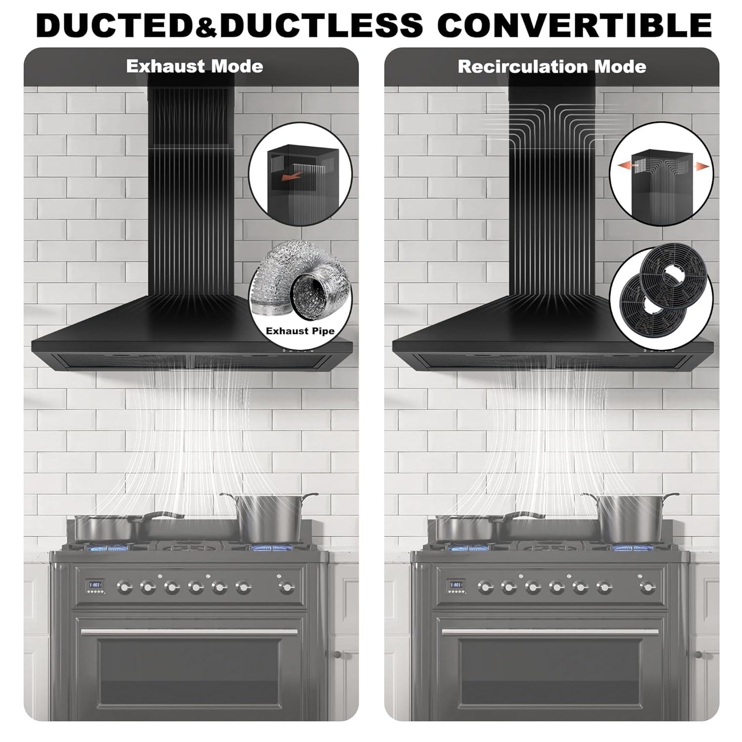 30 Inch Black Range Hood with Charcoal Filters, 450 CFM Stainless Steel Wall Mount Kitchen Hood, Button Control Over Stove Vent Hood with 3 Speed Noiseless Fan, LED Light (450CFM)