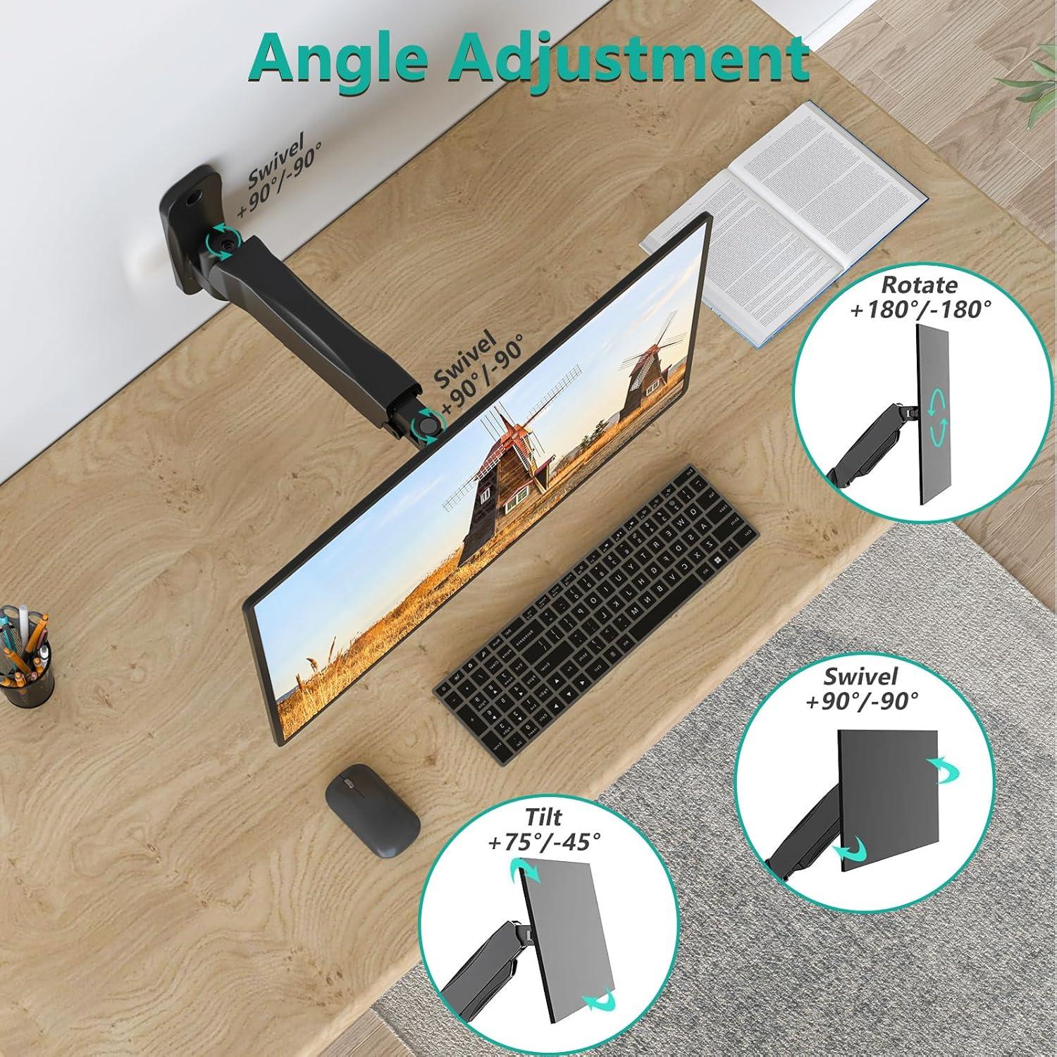WALI Monitor Wall Mount, Computer Wall Mount Monitor Arm Fits 1 Screen up to 32 inch, Single Monitor Mount Holds up to 19.8lbs, Gas Spring Monitor Arm Max Extension 13.4 inch,(GSWM001S), Black