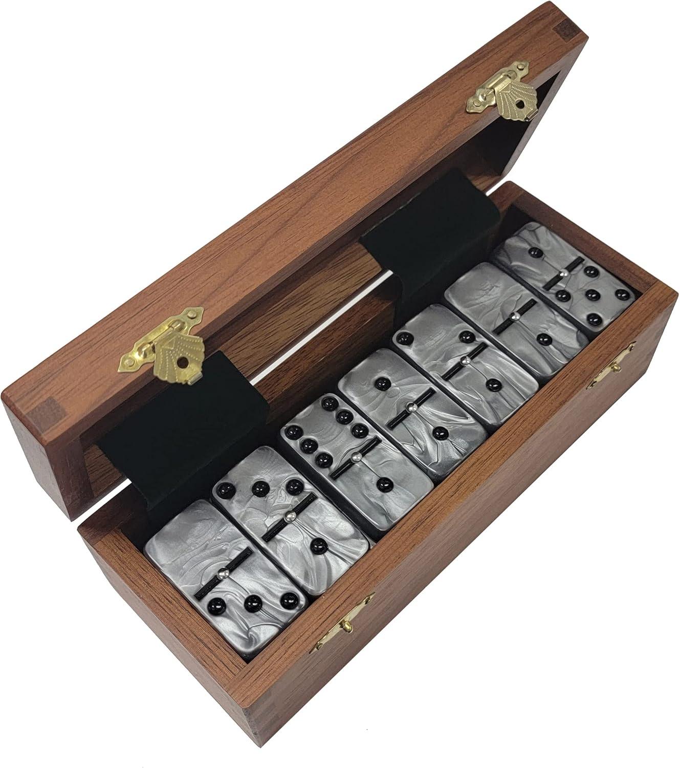 Silver Marbleized Jumbo Double Six Dominoes with Sheesham Wood Box