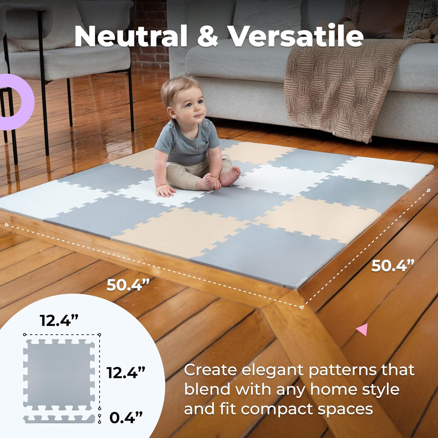 MioTetto Non-Toxic Foam Play Mat for Babies & Kids, Interlocking Puzzle Tiles, Cream-Gray-Beige, 18 Pieces – Perfect for Tummy Time, Crawling, Nursery, Playroom, or Gym