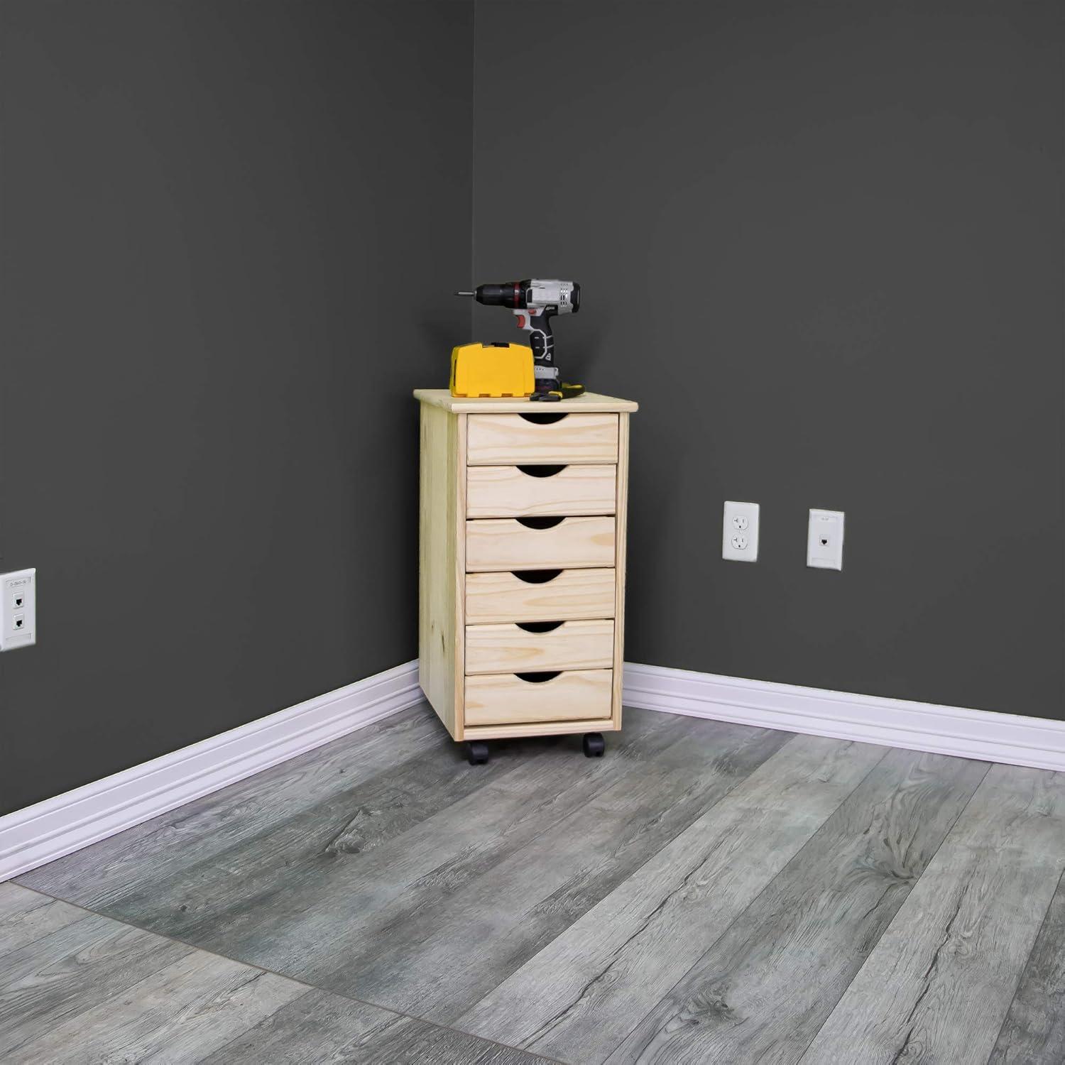 Unfinished Solid Wood 6-Drawer Rolling Storage Cart