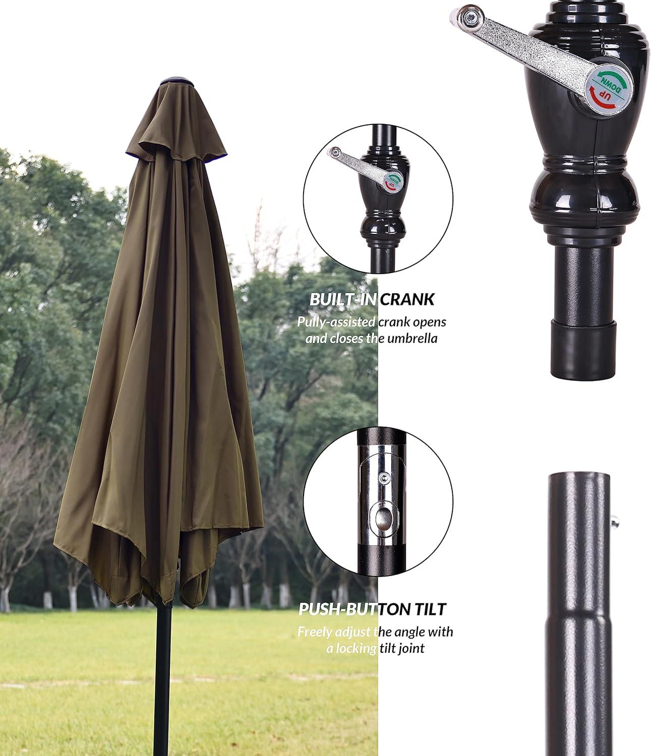 Elevon 9' Outdoor Patio Umbrella, Market Striped Umbrella with Push Button Tilt and Crank, Beige