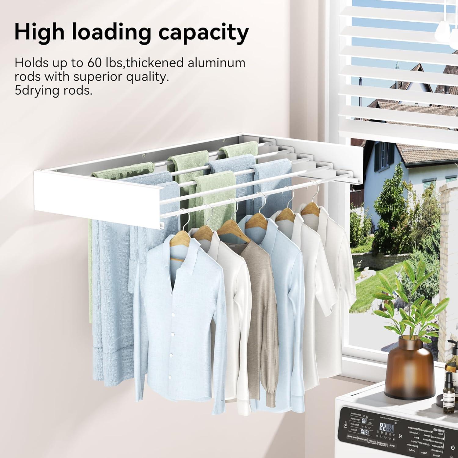 Laundry Drying Rack Wall Mounted Clothes Drying Rack Collapsible 31.5" Wide with 13.2 Linear Ft and 5 Aluminum Rods Drilling Template Long Screwdriver Bit 60 lbs Capacity White