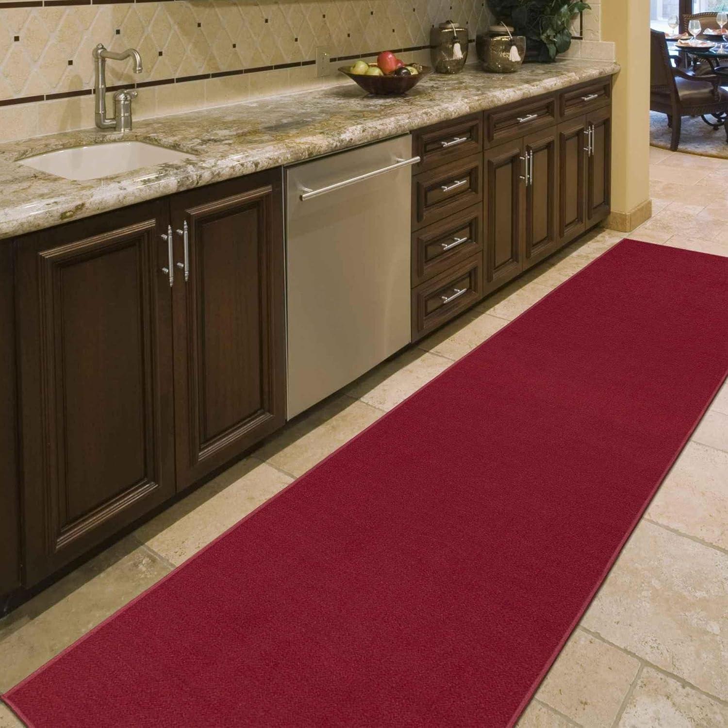 Red Solid Synthetic Washable Runner Rug with Non-Slip Backing