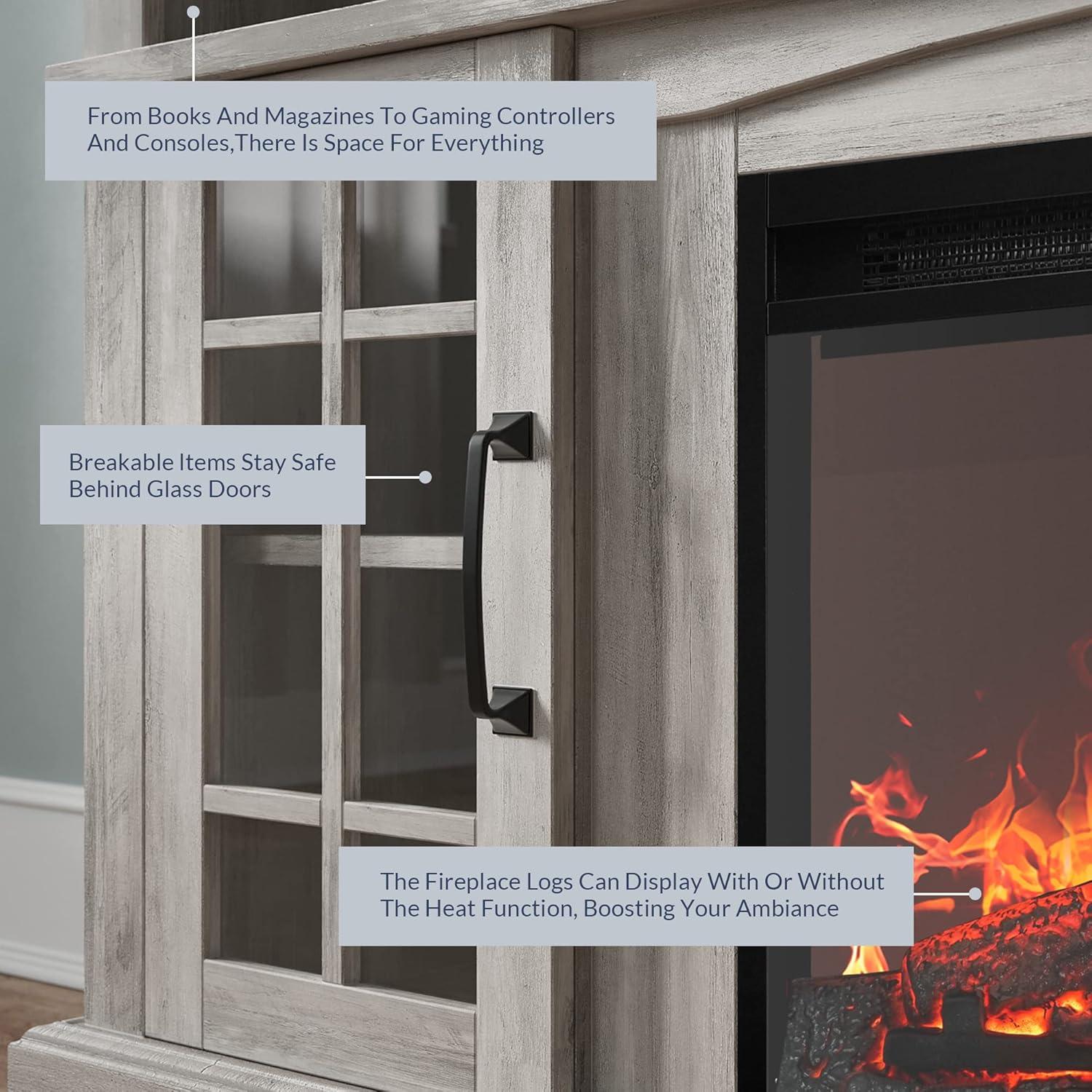 Gray Wash 58" TV Stand with Electric Fireplace and Cabinets