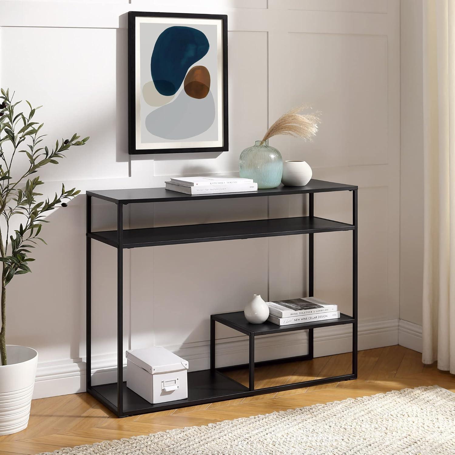 42" Metal and Wood Console Table with Tiered Shelves - Black