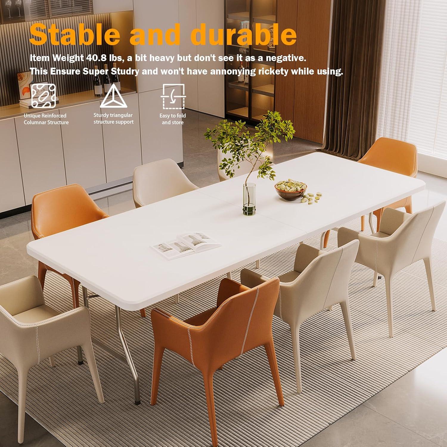 8FT（30" x 96"） Folding Table, Indoor Outdoor Heavy Duty Picnic Table with Carrying Handle,Plastic Fold up Table for Picnic, Party, Camping，Office - White