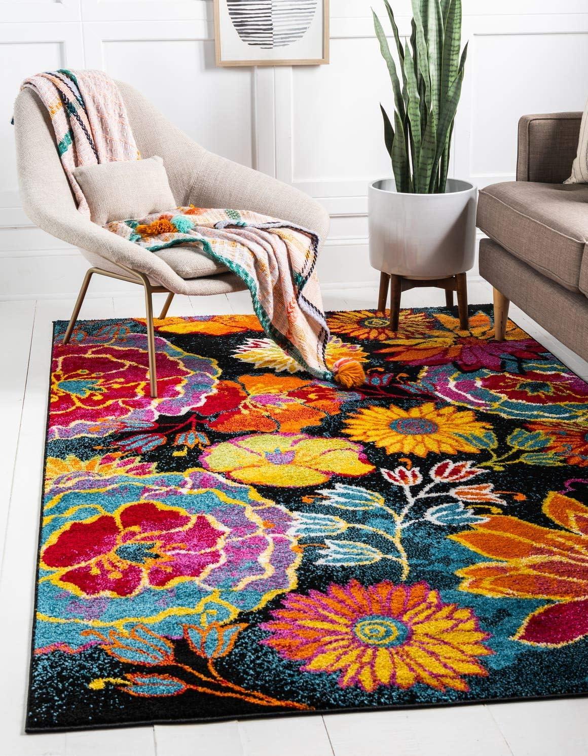 Black Floral Synthetic Rectangular Indoor Area Rug