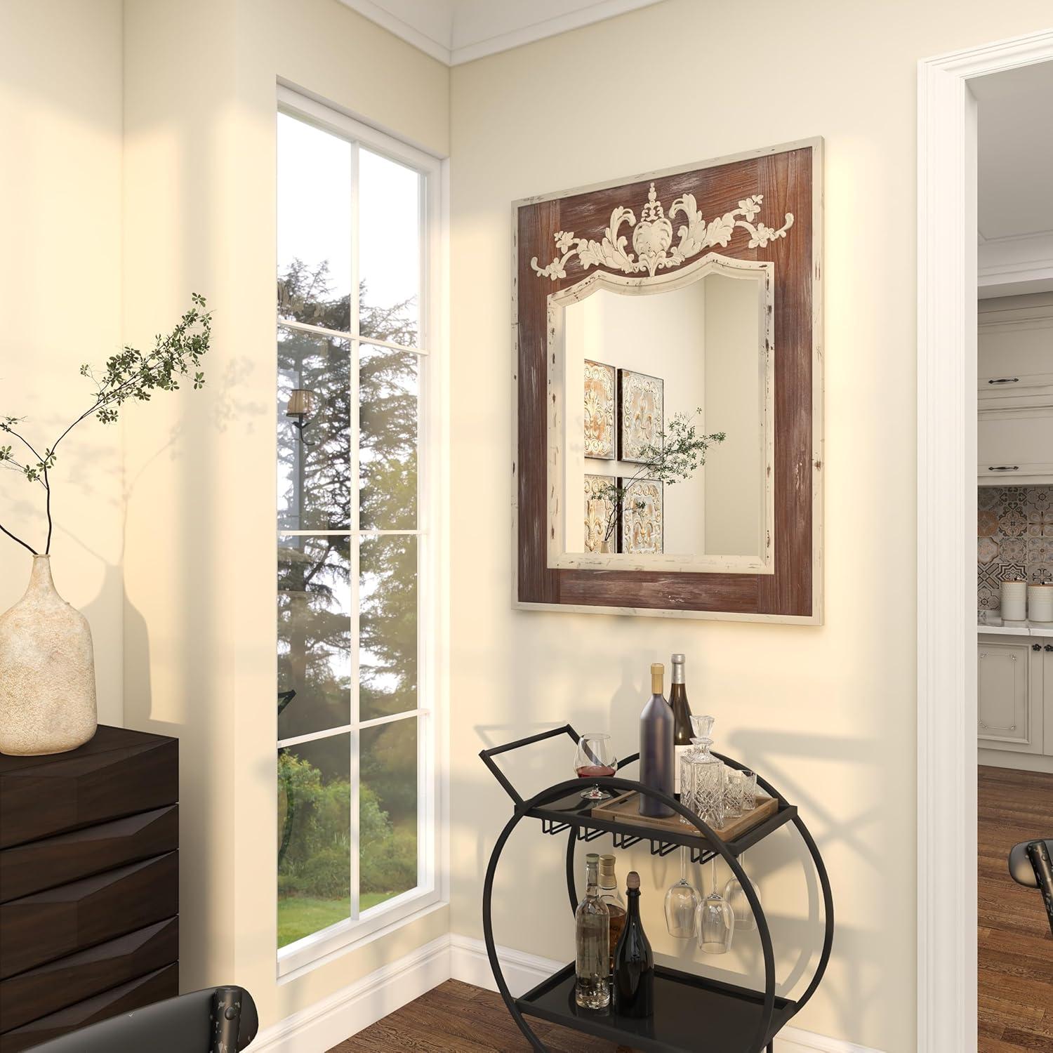 Ophelia & Co. Eberhart Wood Vintage Inspired Acanthus Scroll Floral Brown Wall Mirror with Distressed Cream Accents