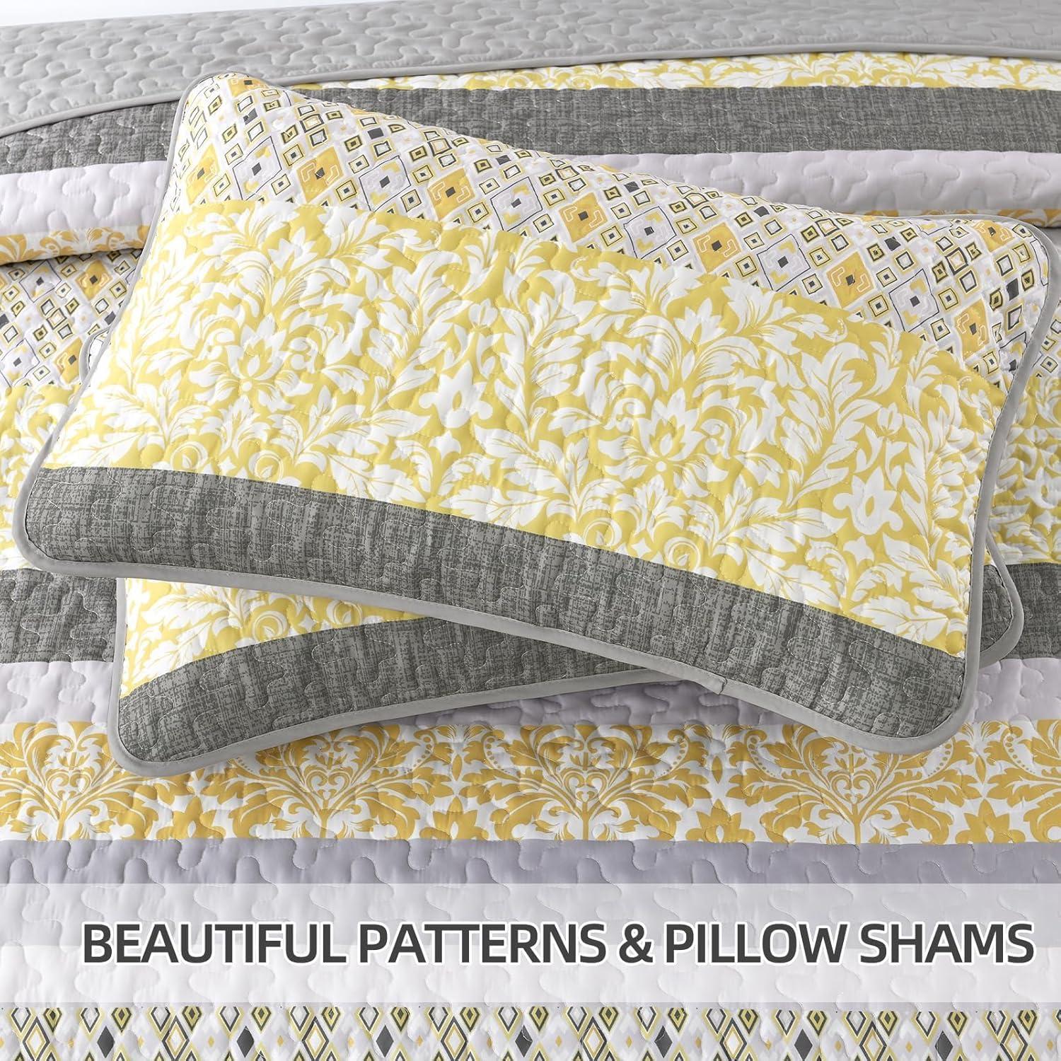 JML 3 Piece Quilt Set King Size,Lightweight Microfiber Bedspread Coverlet,Grey & Yellow Floral