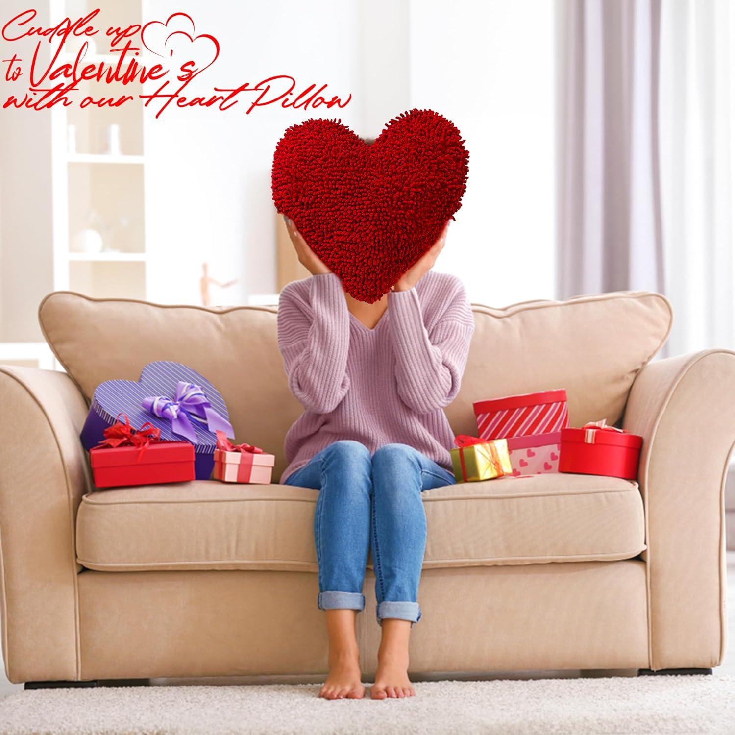 Fun Express 14 Inch Red Heart Shaped Chenille Pillow, Valentine's Day Home Décor