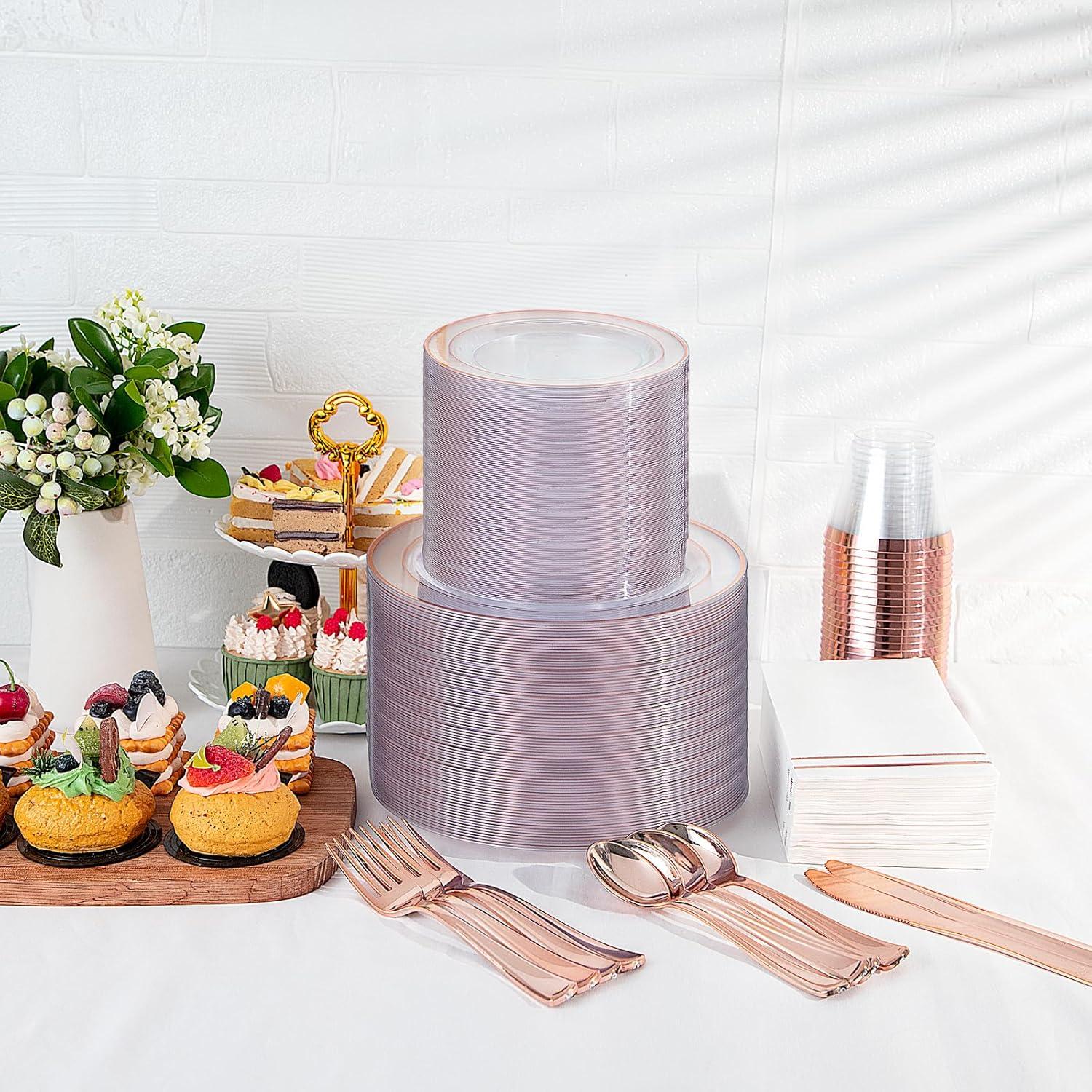 Rose Gold and Clear Plastic Dinnerware Set for 50 Guests