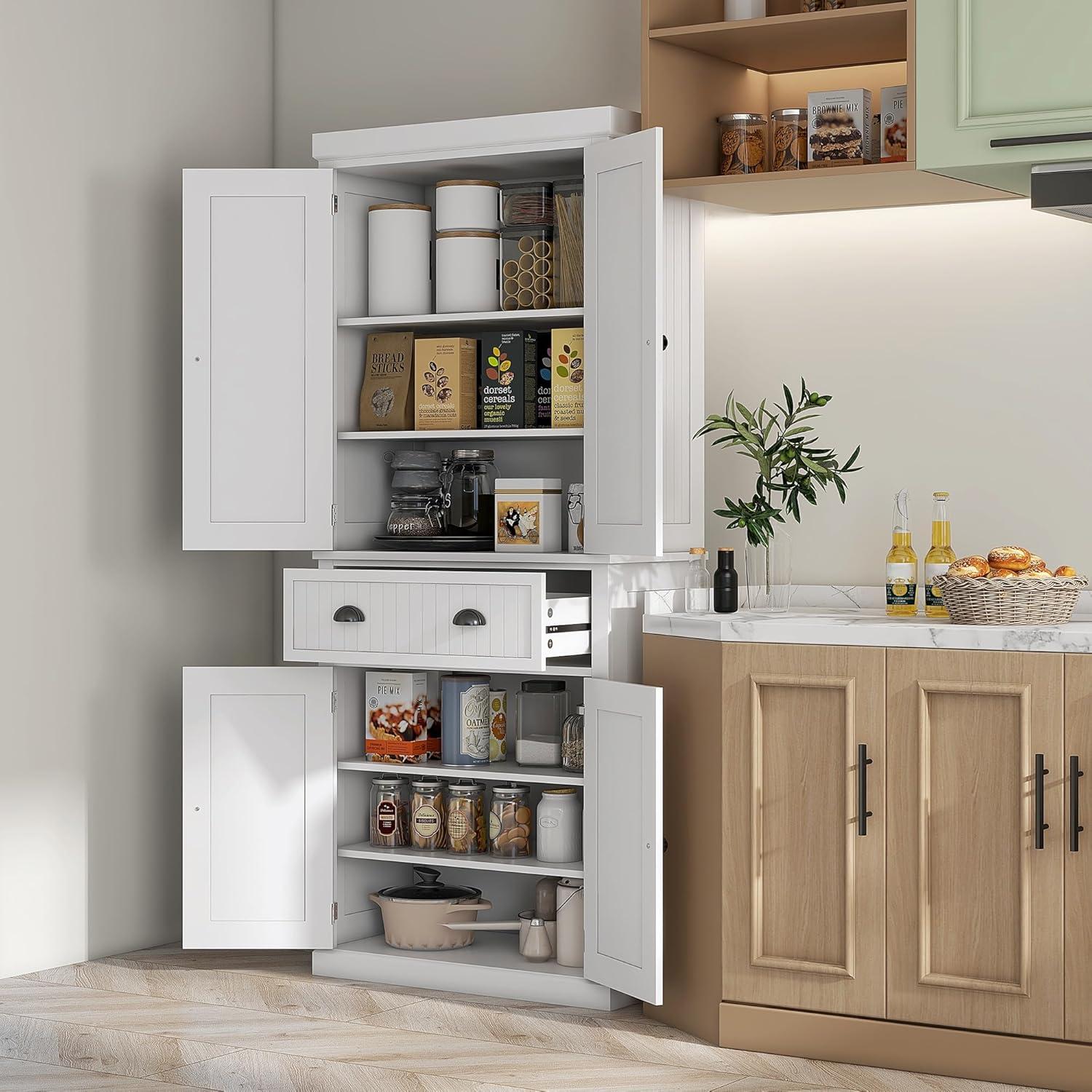 White 72" Freestanding Kitchen Pantry Cabinet with Adjustable Shelves